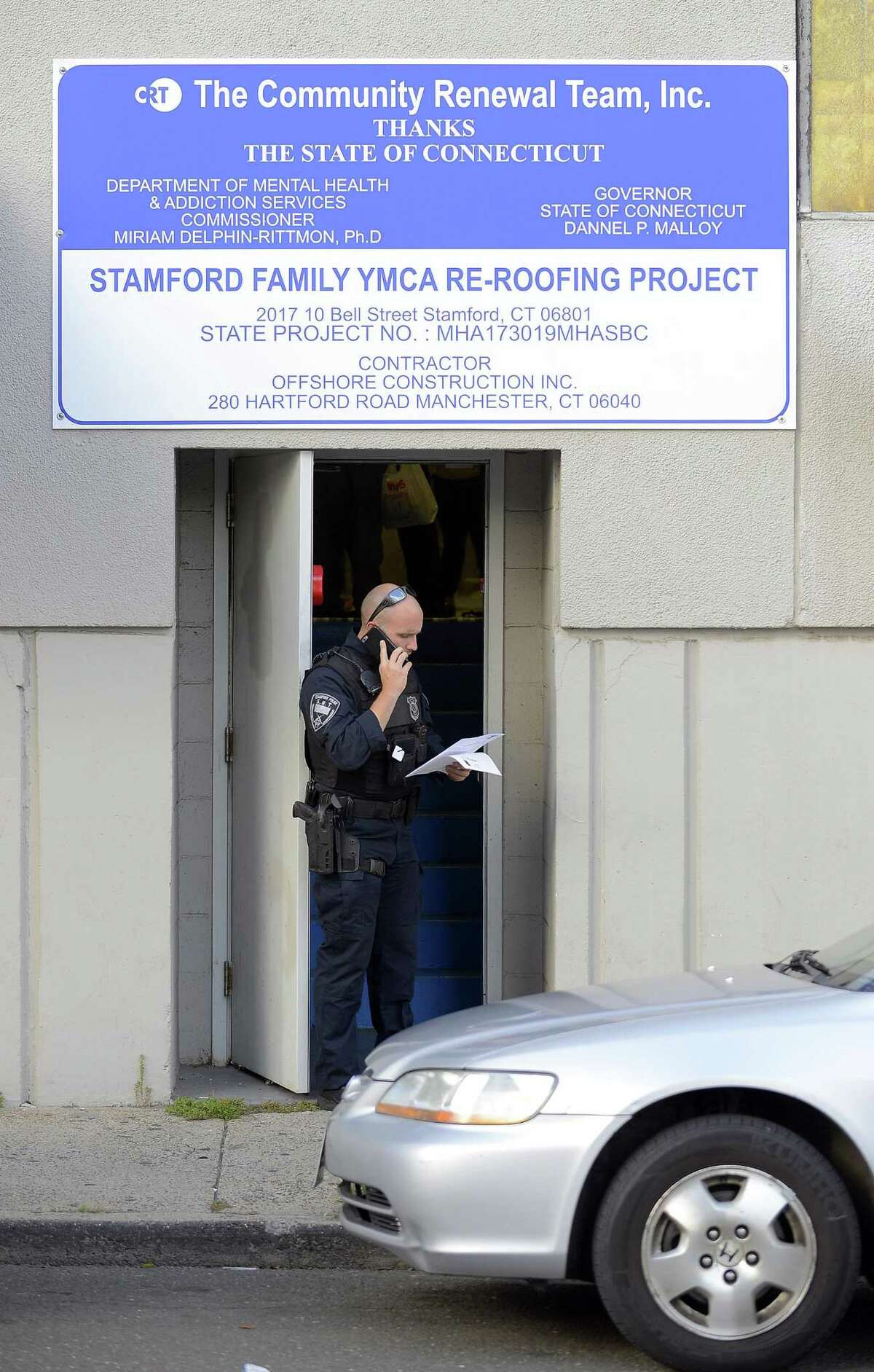 Stamford police investigate a near drowning of an adult male in the pool at the Stamford Family YWCA on Friday, Oct. 13, 2017 in Stamford, Connecticut. The victim was rush to Stamford Hospital, according to police on scene.