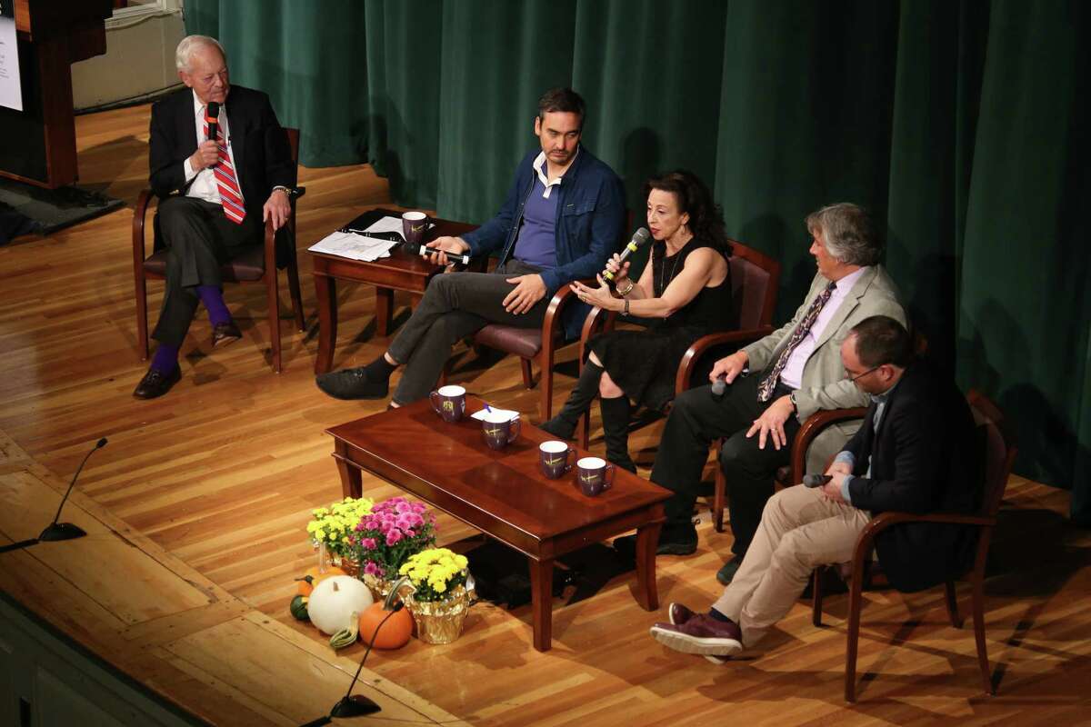 The New York State Writers Institute kicked off their weekend-long symposium Friday afternoon at UAlbany?s Page Hall with a star-studded panel. Bob Schieffer, left, moderated the 4 p.m. panel, ?Media in the Age of New Technology: Fake News, Information Overload, & Media Literacy.? Panelists included Columbia Law School Professor Tim Wu, second from left, journalist Maria Hinojosa, author David Goodman and editor/writer Franklin Foer. (Thomas Palmer/Times Union)