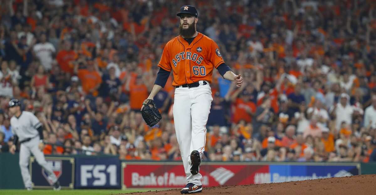Houston Astros starting pitcher Dallas Keuchel (60) reacts after making a strikeout in the second inning of Game 1 of the ALCS at Minute Maid Park on Friday, Oct. 13, 2017, in Houston. ( Karen Warren / Houston Chronicle )