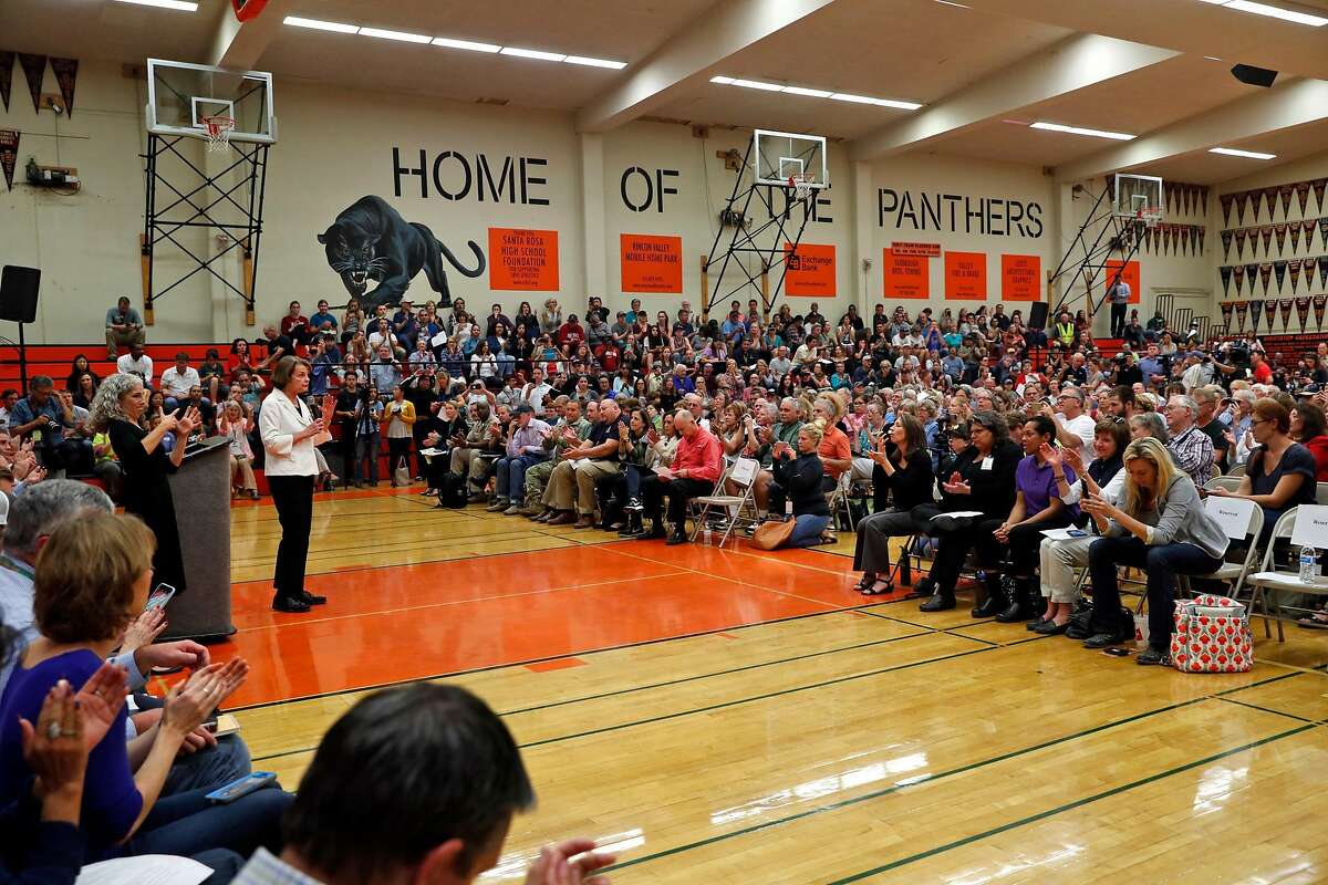 Senator Dianne Feinstein speaks during a Sonoma County Fire Response and Recovery community meeting at Santa Rosa High School in Santa Rosa, Calif., on Saturday, October 14, 2017.