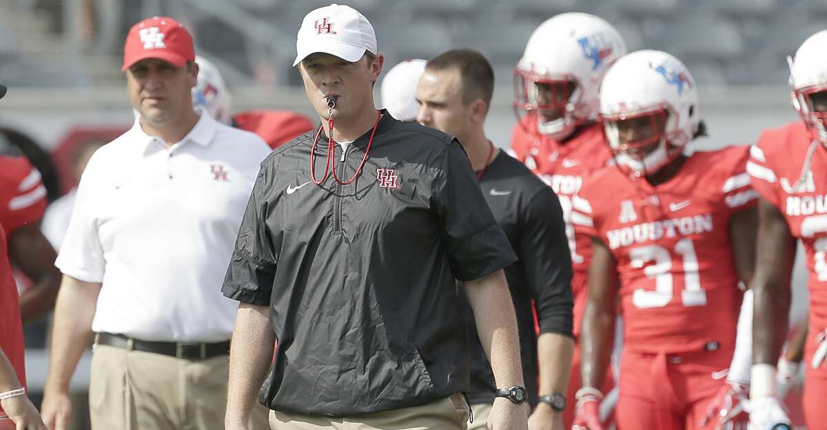 HOUSTON, TX - SEPTEMBER 23: Head coach Major Applewhite of the Houston Cougars watches warm up before playing against the Texas Tech Red Raiders at TDECU Stadium on September 23, 2017 in Houston, Texas. (Photo by Thomas B. Shea/Getty Images)