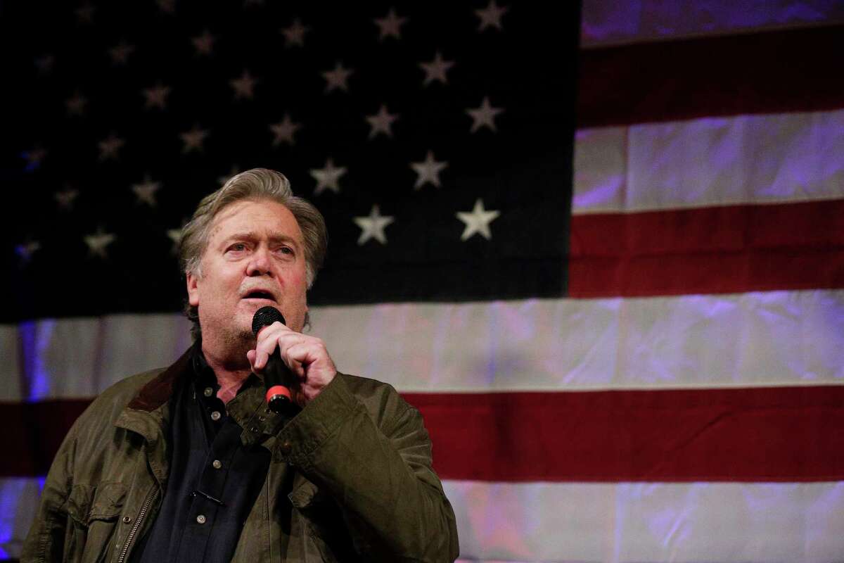 Former White House strategist Steve Bannon speaks at a rally for U.S. Senate hopeful Roy Moore, Monday, Sept. 25, 2017, in Fairhope, Ala. Sen. Luther Strange and challenger Moore made their final push Monday to sway voters ahead of Alabama's Republican runoff for U.S. Senate, a race that's pitted President Donald Trump against his former strategist, Bannon. (AP Photo/Brynn Anderson)
