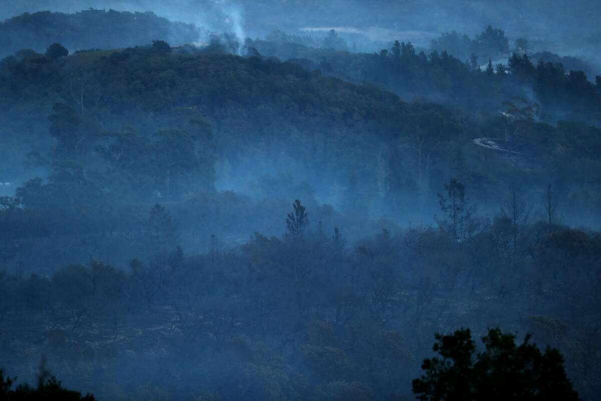 Smoke in the hills east of Sonoma, Calif., on Saturday, October 14, 2017.