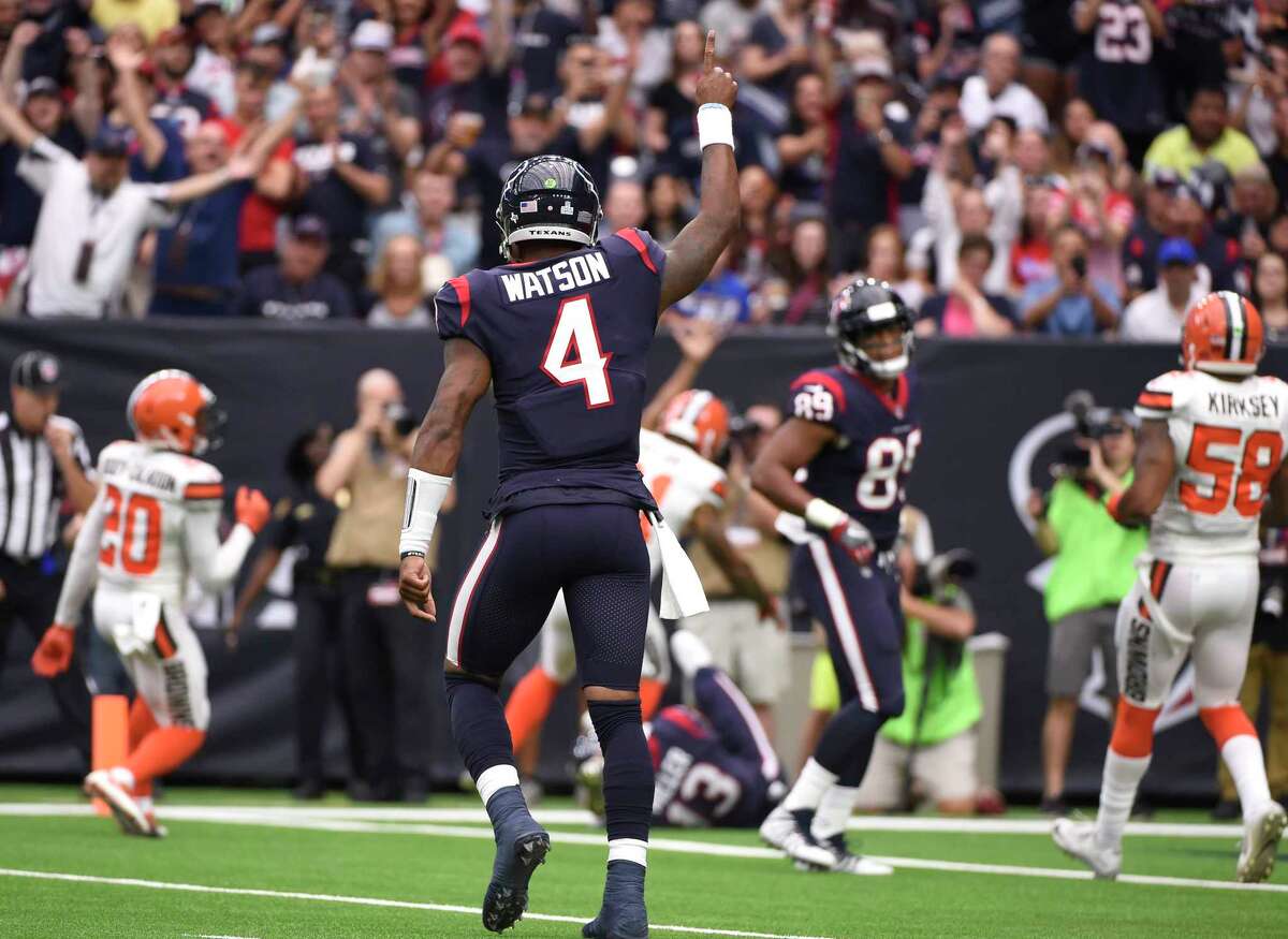 Houston Texans quarterback Deshaun Watson (4) celebrates a touchdown against the Cleveland Browns in the first half of an NFL football game, Sunday, Oct. 15, 2017, in Houston. (AP Photo/Eric Christian Smith)