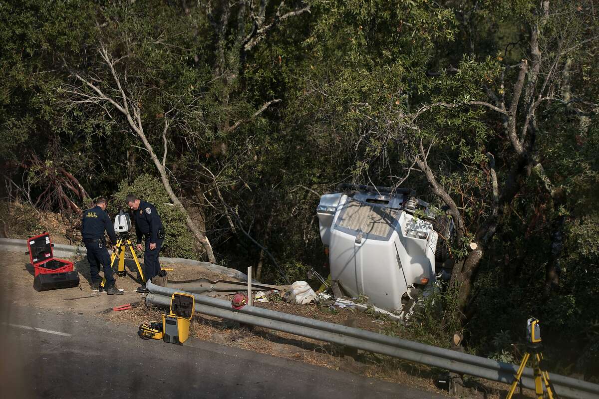 A water tanker truck to support fire crews overturned, killing the driver on Oakville Grade near Highway 29 on Monday, Oct. 16, 2017 in Oakville, CA.