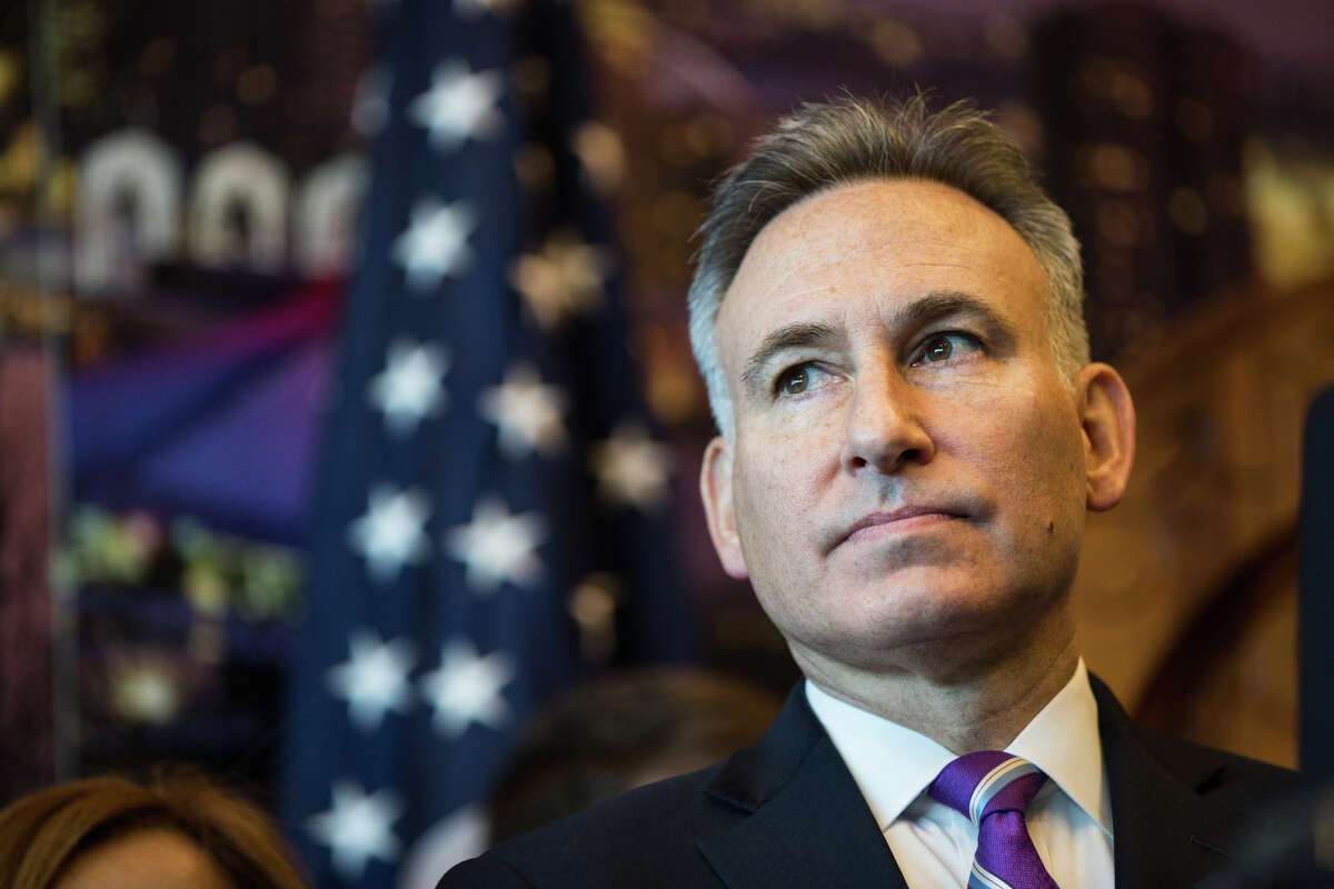 King County Executive Dow Constantine seen in a press conference announcing a community benefits package as a part of the Washington State Convention Center renovation, at Seattle City Hall on Monday, Oct. 16 2017.