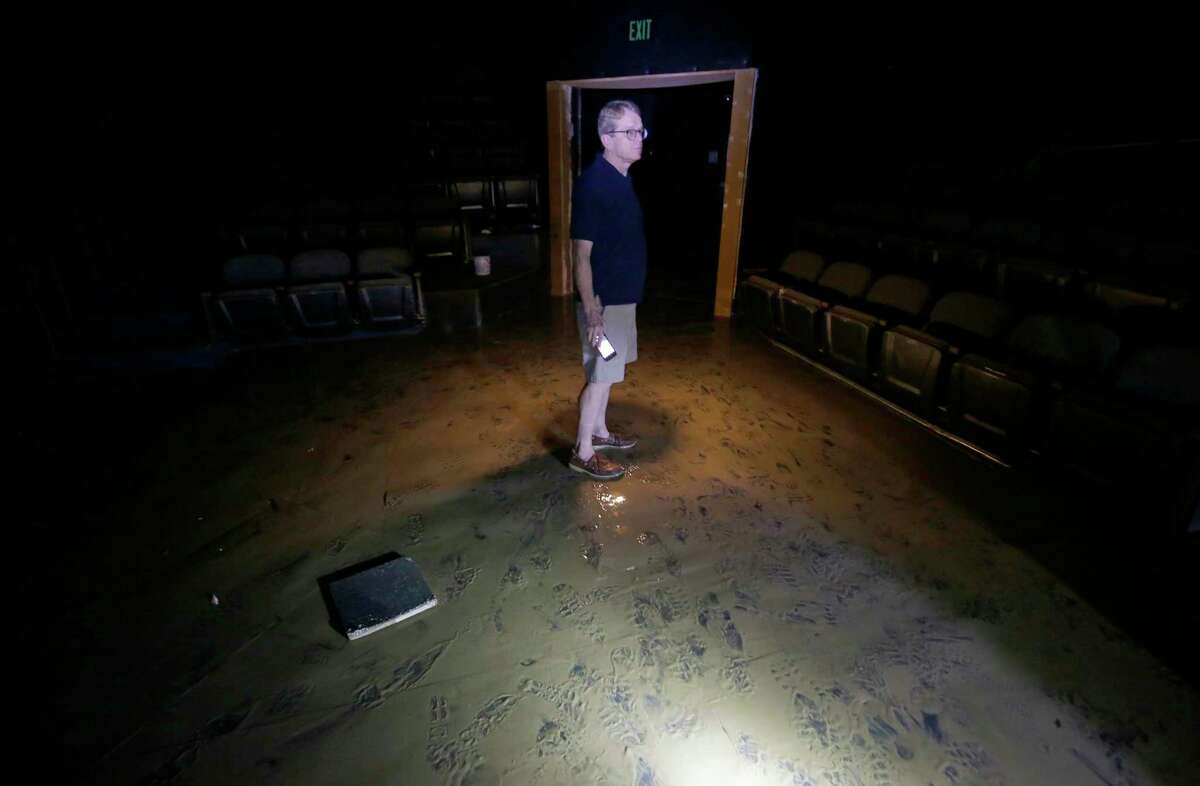 Dean Gladden, managing director of the Alley Theatre, 510 Texas Ave., stands in the flood damaged Neuhaus theater Friday, Sept. 1, 2017, in Houston. The Alley Theatre suffered the worst damage by far of all Houston Theater District arts organizations, with its Neuhaus theater, basement prop shop and all electronic systems destroyed due to flooding in the aftermath of Hurricane Harvey. ( Melissa Phillip / Houston Chronicle )