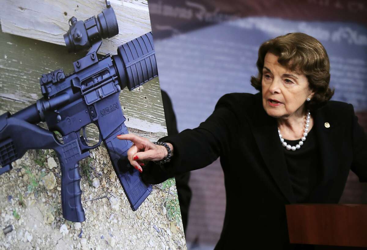 FILE - In this Oct. 4, 2017, file photo, Sen. Dianne Feinstein, D-Calif., speaks during a news conference about gun legislation on Capitol Hill in Washington. Seeking momentum for gun restrictions, Feinstein said only broader legislation would be effective in outlawing "bump stocks" like the Las Vegas gunman used. Democrat Kevin de Leon, president of California State Senate, announced Sunday, Oct. 15, 2017 he will challenge Sen. Dianne Feinstein in next year's election. (AP Photo/Manuel Balce Ceneta, File)