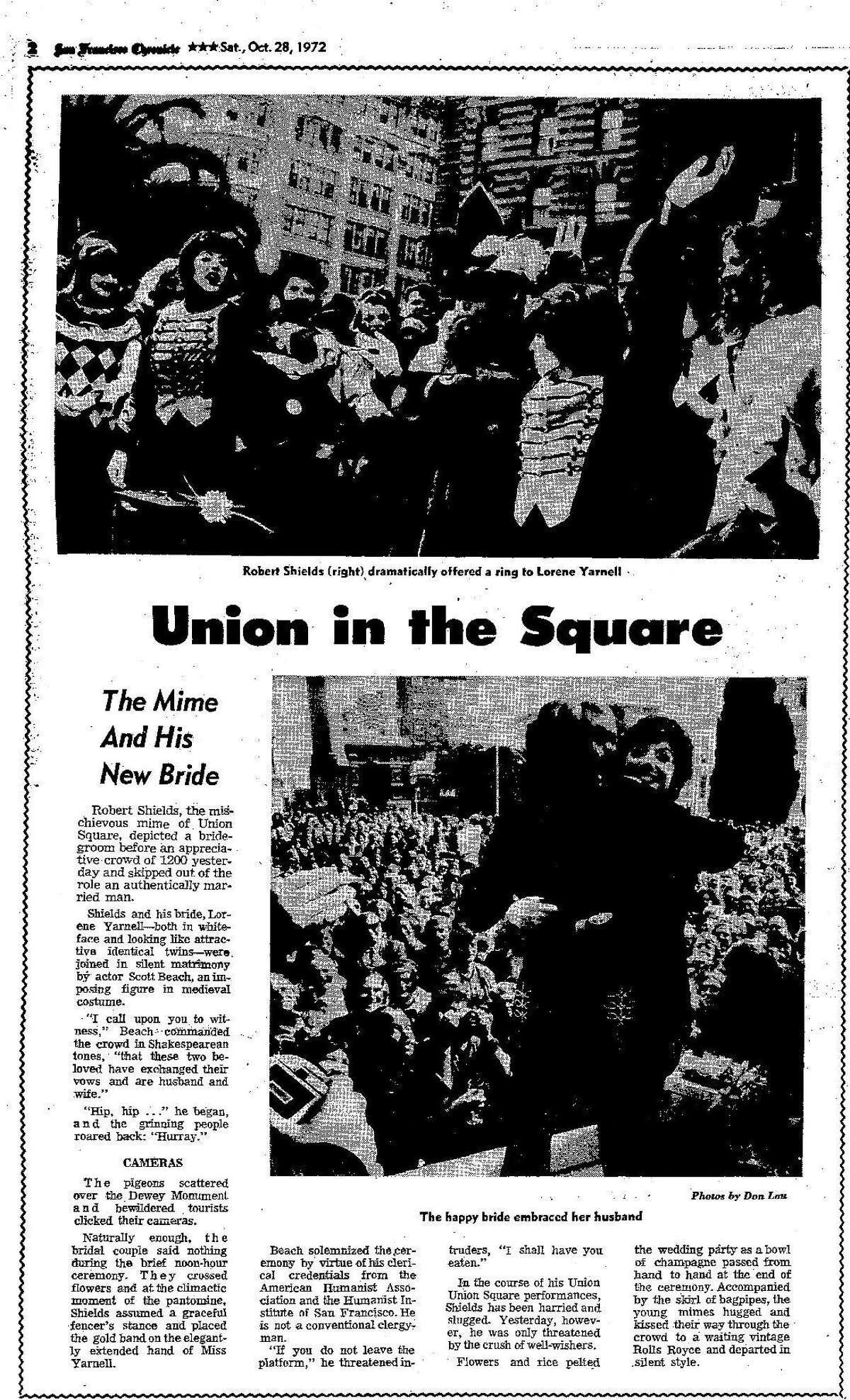 Oct. 28, 1972 Chronicle article on Robert Shields, right, and Lorene Yarnell marrying in Union Square.