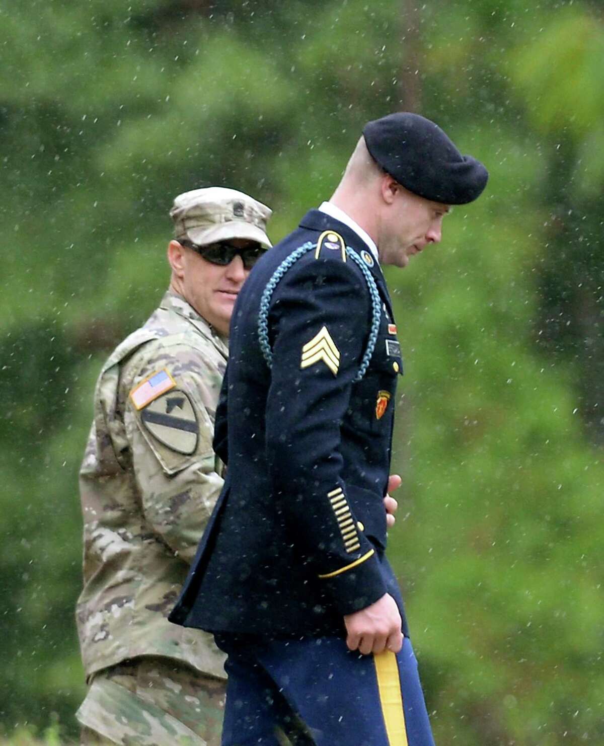 Army Sgt. Bowe Bergdahl leaves the courthouse at Fort Bragg, N.C., where he pleaded guilty to desertion and misbehavior before the enemy.