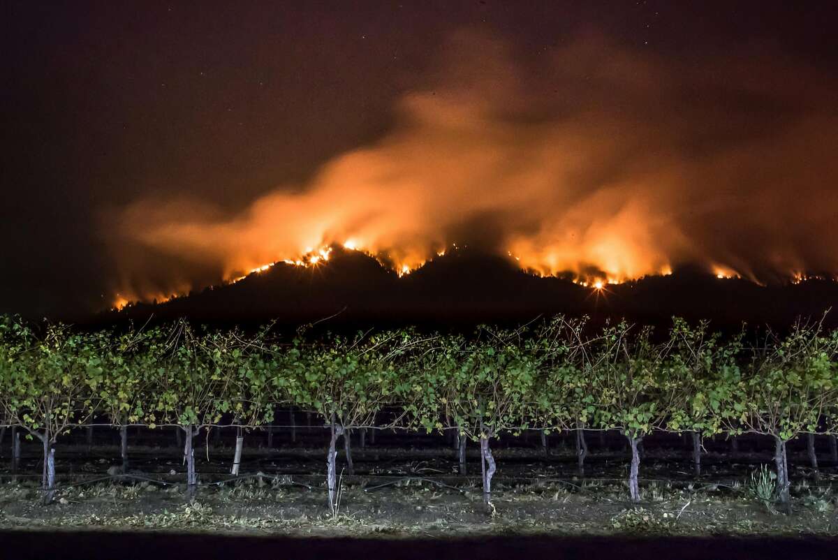 Fire burns along the ridge near a field of grape vines along Highway 12 on Monday, Oct. 16, 2017 in Oakmont, CA.
