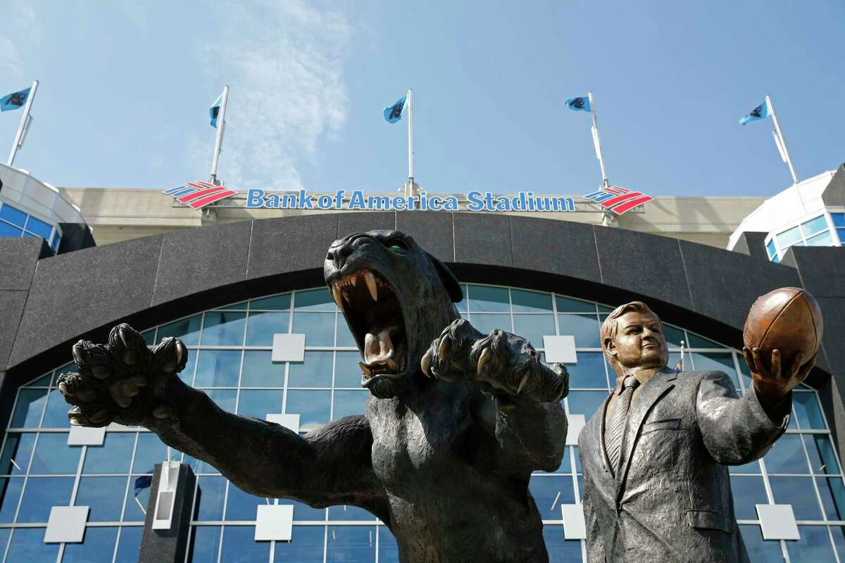 A bronze statue of Carolina Panthers owner Jerry Richardson and the team mascot is shown before an NFL football game between the Carolina Panthers and the Buffalo Bills in Charlotte, N.C., on Sept. 17.