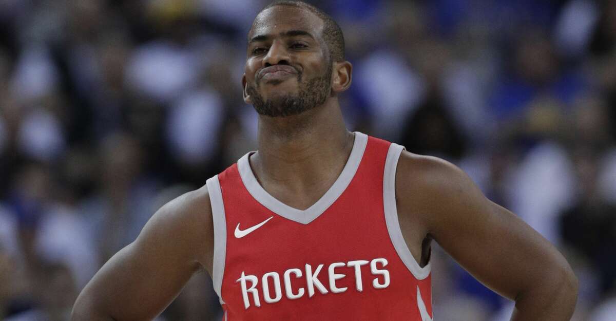 Chris Paul (3) reacts to a call against the Rockets in the first half as the Golden State Warriors played the Houston Rockets at Oracle Arena in Oakland, Calif., Tuesday, October 17, 2017.