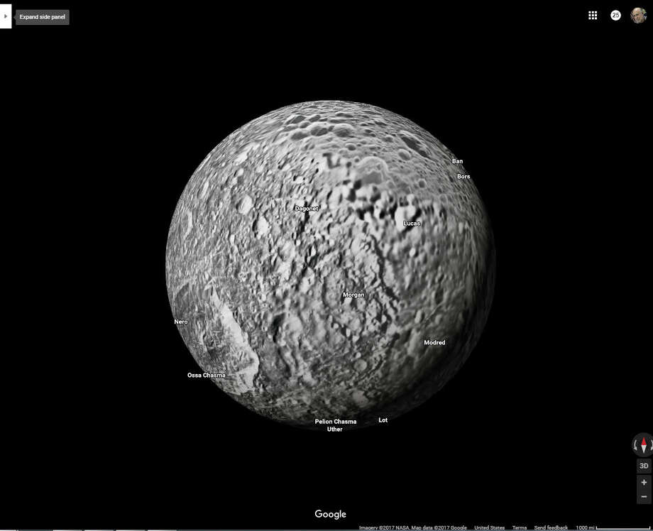 Saturn's moon Mimas as it appears on Google Maps' new solar system feature. Photo: Houston Chronicle Screenshot / Google Maps