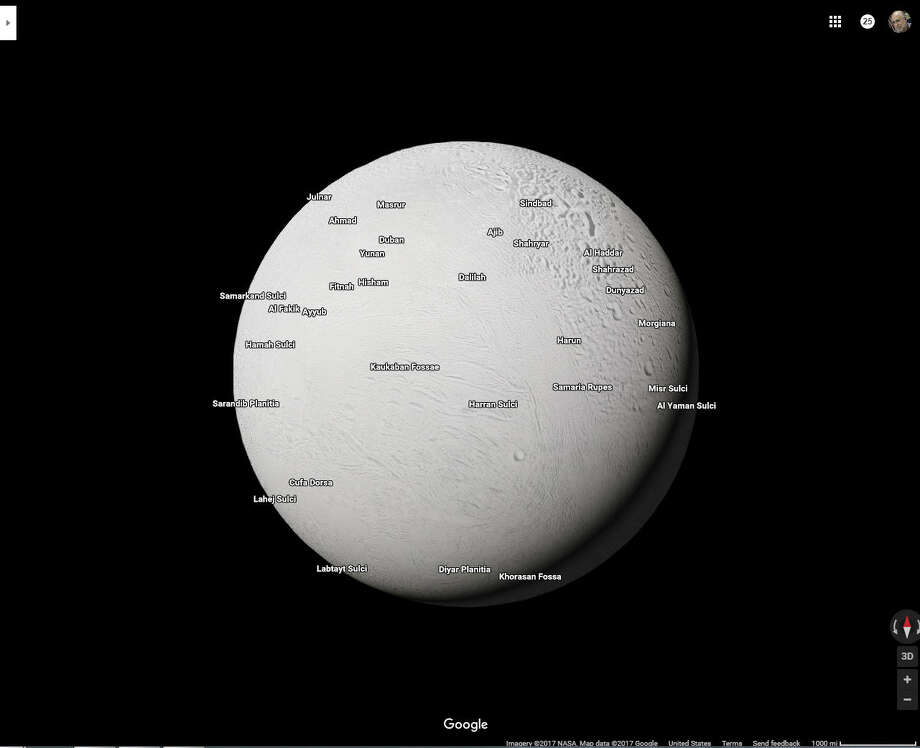 Saturn's moon Enceladus as it appears on Google Maps' new solar system feature. Photo: Houston Chronicle Screenshot / Google Maps