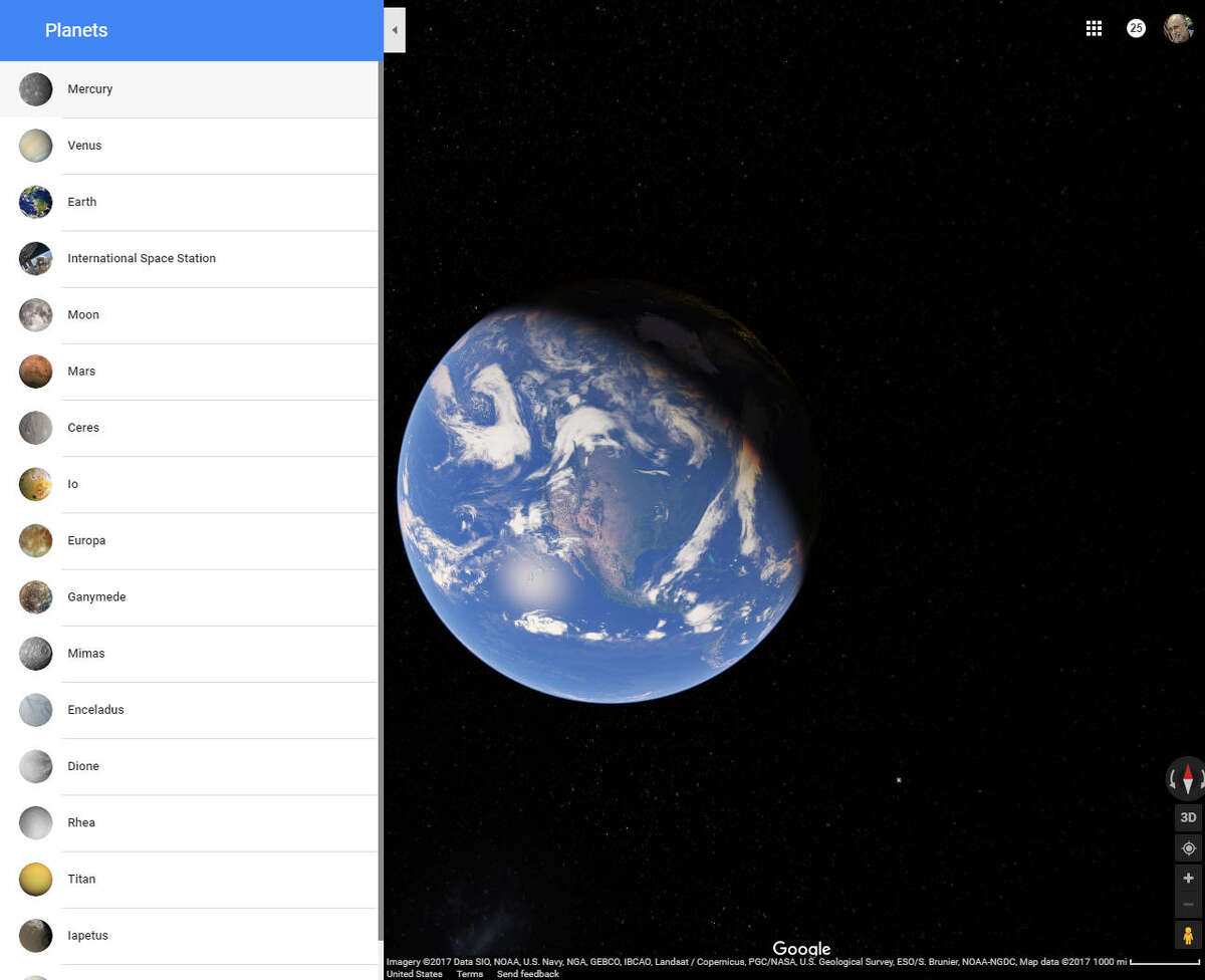 Turn on the satellite view on Google Maps, then zoom out beyond Earth's atmosphere to trigger the list of planets or moons you can visit.
