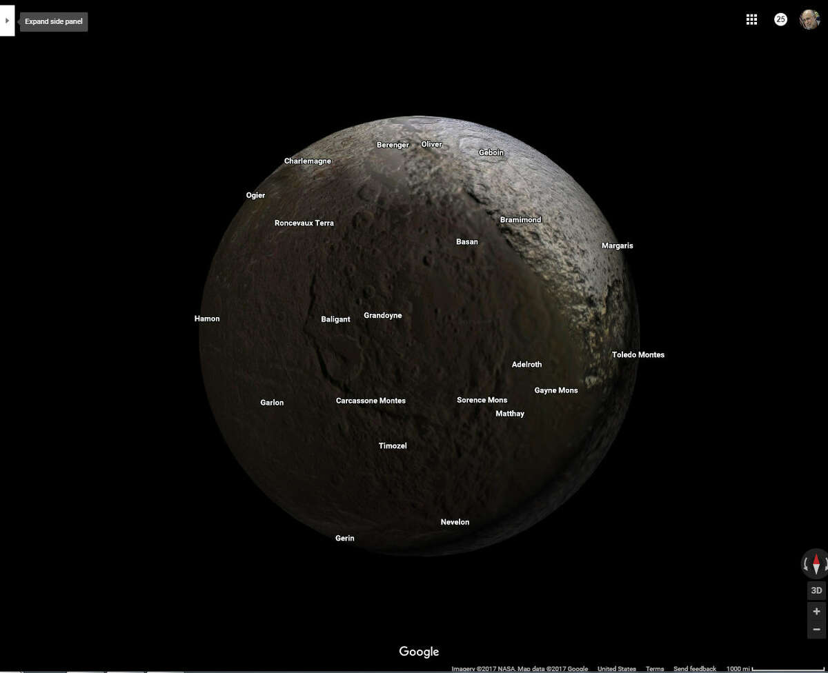 Saturn's moon Iapetus as it appears on Google Maps' new solar system feature.