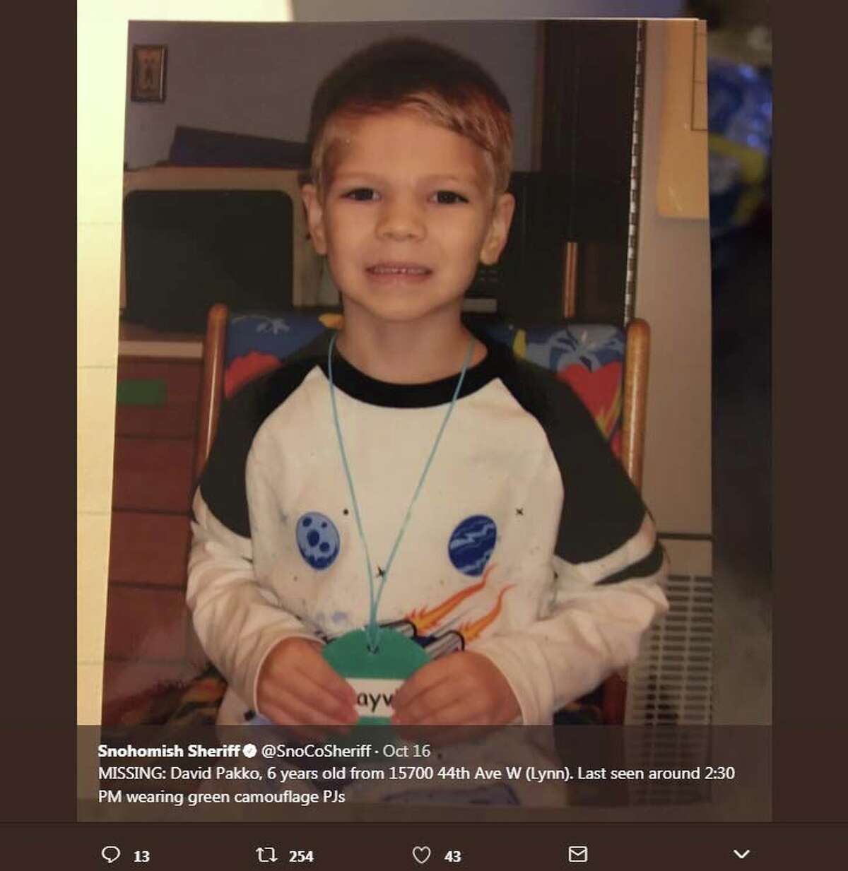 The Snohomish County Sheriff‏'s Office posted several messages with information about the missing boy, 6-year-old Dayvid Pakko, on Oct. 16, 2017. Pakko's body was found the next day in a dumpster near the apartment from where he disappeared.
