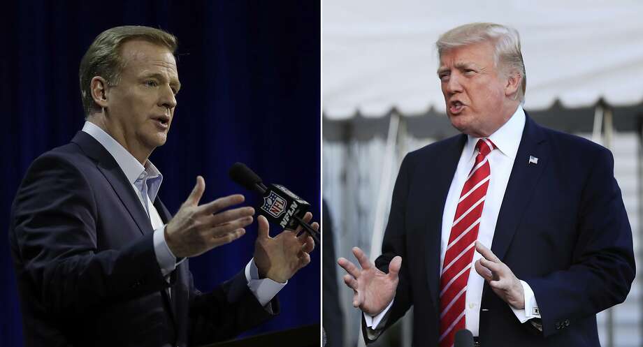 23 de setembro de 2017 - O comissário de NFL Roger Goodell responde a Trump em apoio aos jogadores: "Não há melhor exemplo do que a incrível resposta de nossos clubes e jogadores aos terríveis desastres naturais que experimentamos no mês passado". em uma foto de arquivo de 1º de fevereiro de 2017, Goodell responde a perguntas durante uma coletiva de imprensa. À direita, em uma foto de arquivo de 7 de outubro de 2017, o presidente Donald Trump fala aos repórteres na Casa Branca. Foto: Associated Press