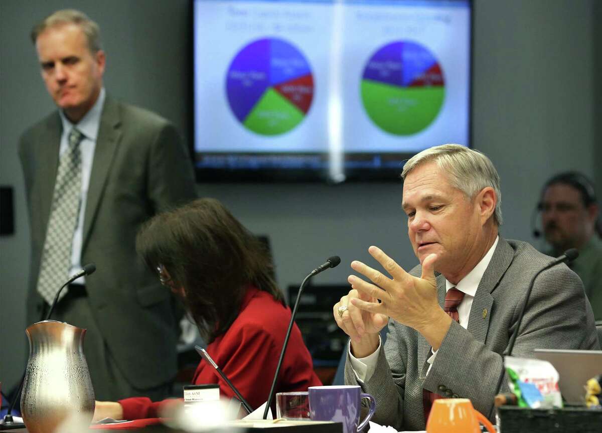 City Council Member Clayton Perry, right, points out why he won't support the San Antonio Water System’s proposed rate increases during the City Council B session meeting on Oct. 18, 2017. Doug Evanson, SAWS vice president and chief financial officer, is at left.