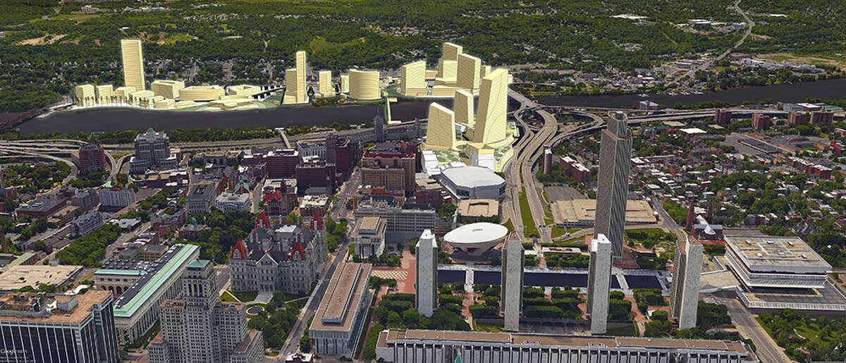 A rendering of what Amazon's second headquarters would have looked like in Albany and Rensselaer, N.Y. This Center for Economic Growth rendering shows the proposed HQ2 as it would look from the west, with the Empire State Plaza in the foreground.