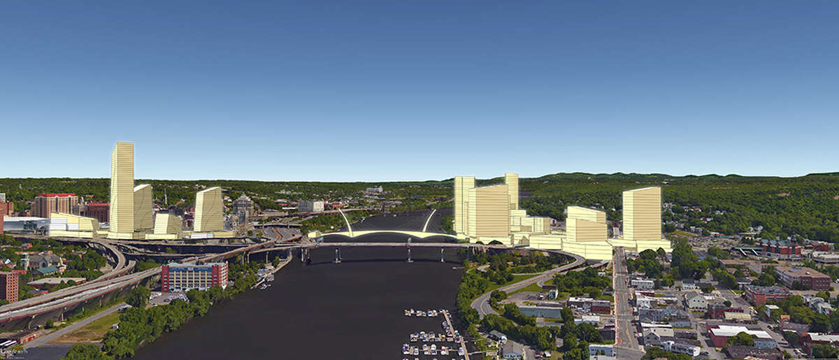 A rendering of what Amazon's second headquarters would have looked like in Albany and Rensselaer, N.Y. In this rendering, the view is looking north, up the Hudson River, with Albany on the left. The project, as envisioned by the Center for Economic Growth, would tie the two cities together with a promenade across the Hudson.