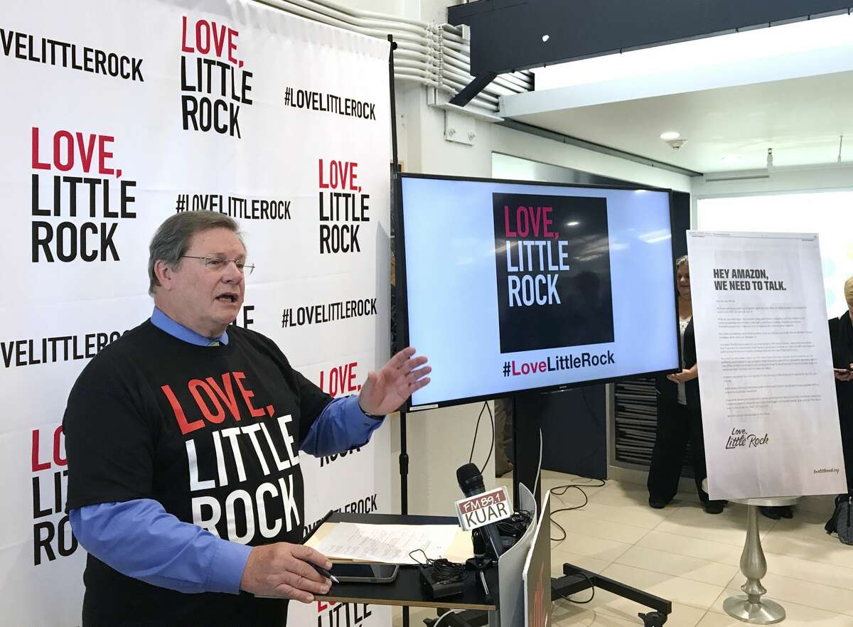 Little Rock Mayor Mark Stodola discusses the city's decision to not pursue Amazon's proposed second headquarters at a news conference, Thursday, Oct. 19, 2017, in Little Rock, Ark. The city ran a full-page ad in the Washington Post, telling the e-commerce giant: "It's not you, it's us." (AP Photo/Andrew DeMillo)