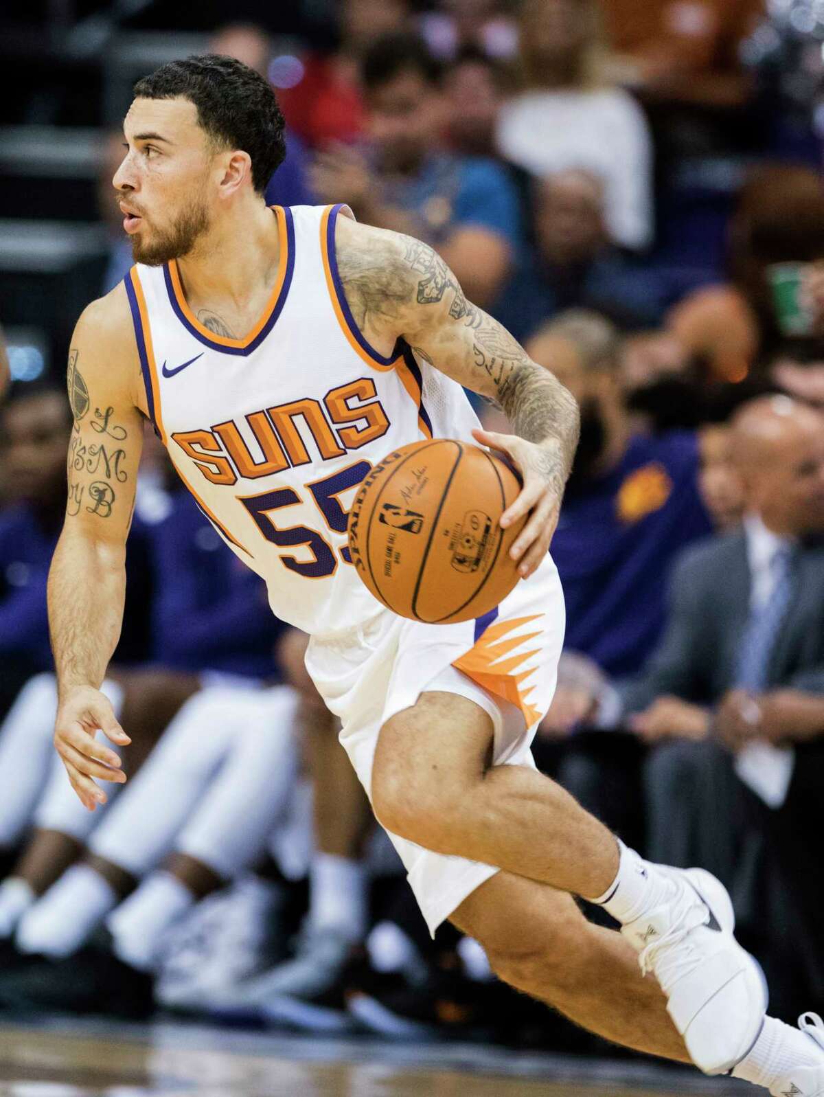 Phoenix Suns guard Mike James (55) drives to the basket against the Portland Trail Blazers during the second half of an NBA preseason game Wednesday, Oct. 11, 2017, in Phoenix. Portland won the game ?113-104. (AP Photo/Darryl Webb)