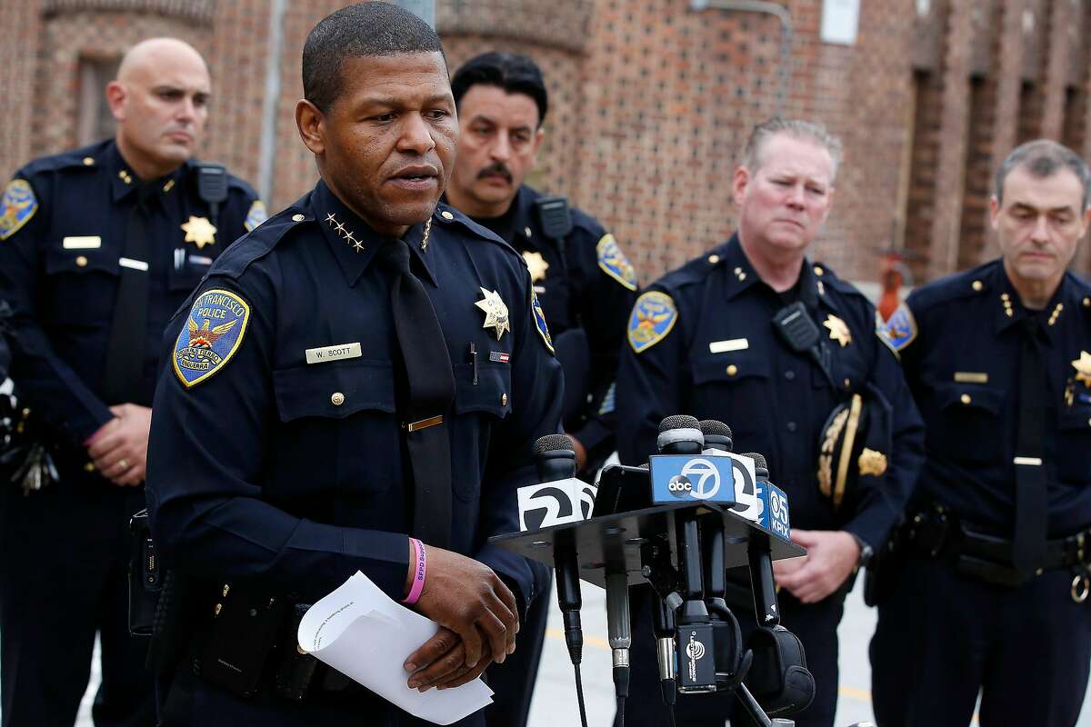 San Francisco Police Chief William Scott gives an update on the status of Officer Elia Lewin-Tankel as members of the San Francisco Police Department Command Staff stand behind him during a press conference outsidet Zuckerberg San Francisco General Hospital on Thursday, October 19, 2017 in San Francisco, Calif.