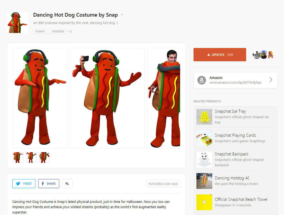 Snapchat is selling a dancing hot dog costume for $80. Image source: ProductHunt 