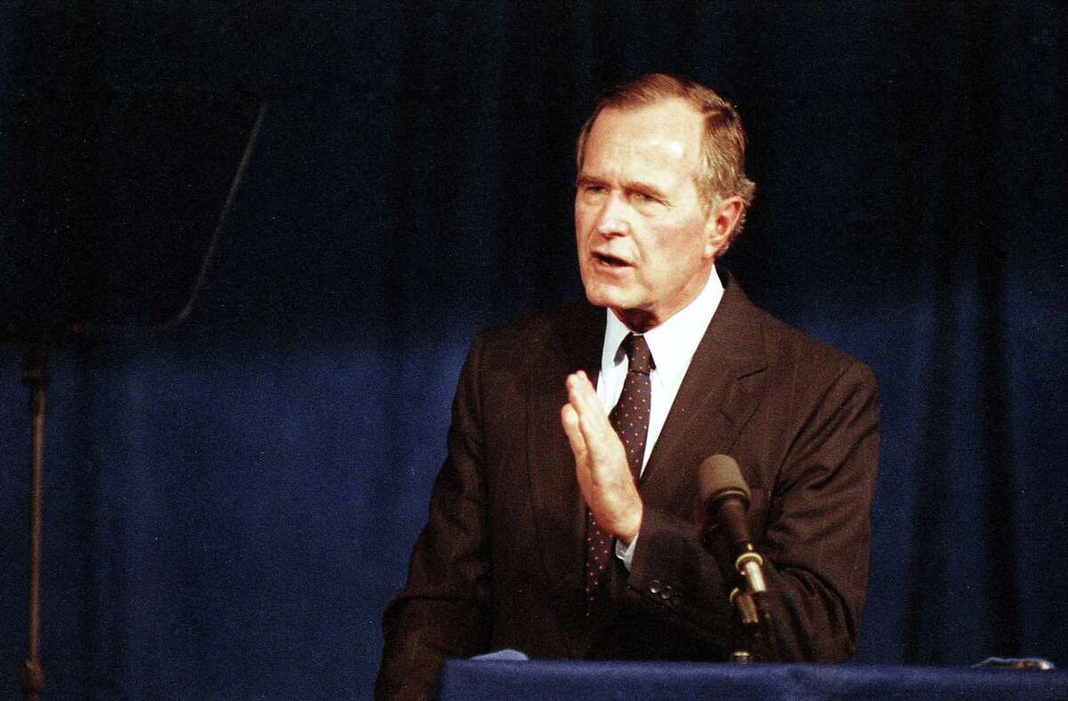 Vice President George H.W. Bush announces his candidacy for president at the Hyatt Regency in Houston, Texas, Oct. 12, 1987.