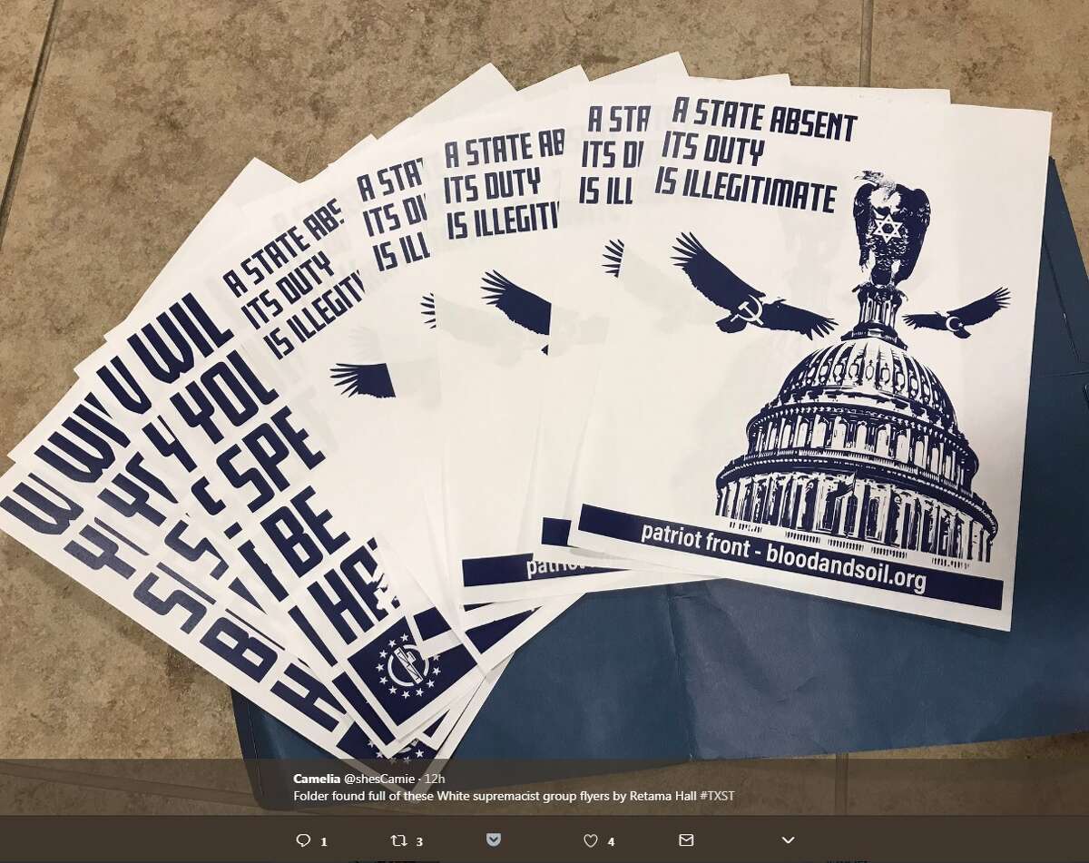 @shesCamie: "Folder found full of these white supremacist group flyers by Retama Hall #TXST"