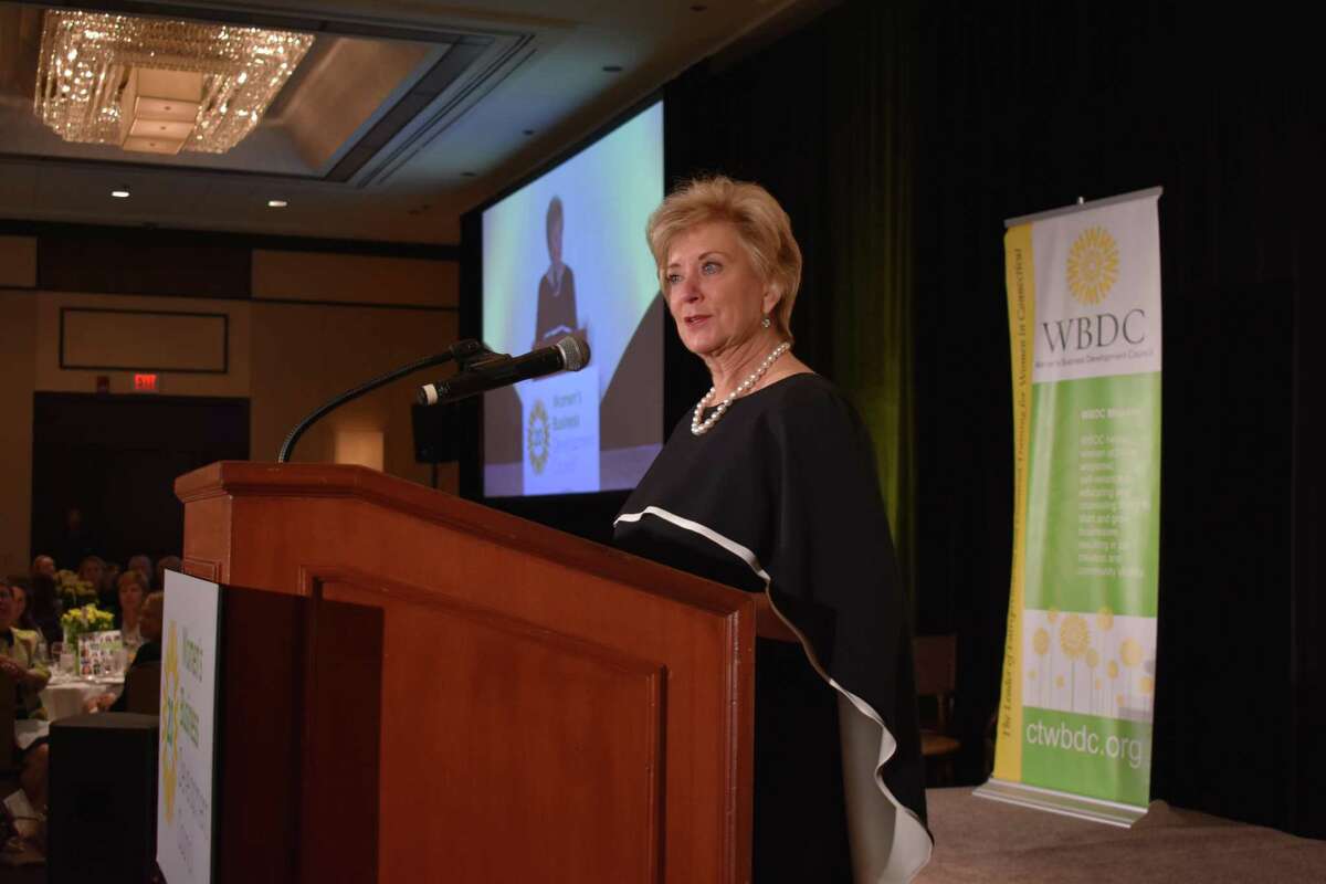 Linda McMahon, administrator of the Small Business Administration, speaks Friday, Oct. 20, 2017, at the 20th anniversary luncheon of the Women's Business Development Council, in Greenwich, Conn.