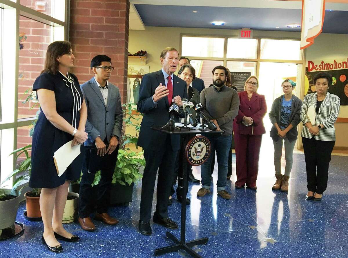 Sen. Richard Blumenthal speaks in New Haven about legislation that would address deporting undocumented immigrants from "sensitive locaitons.