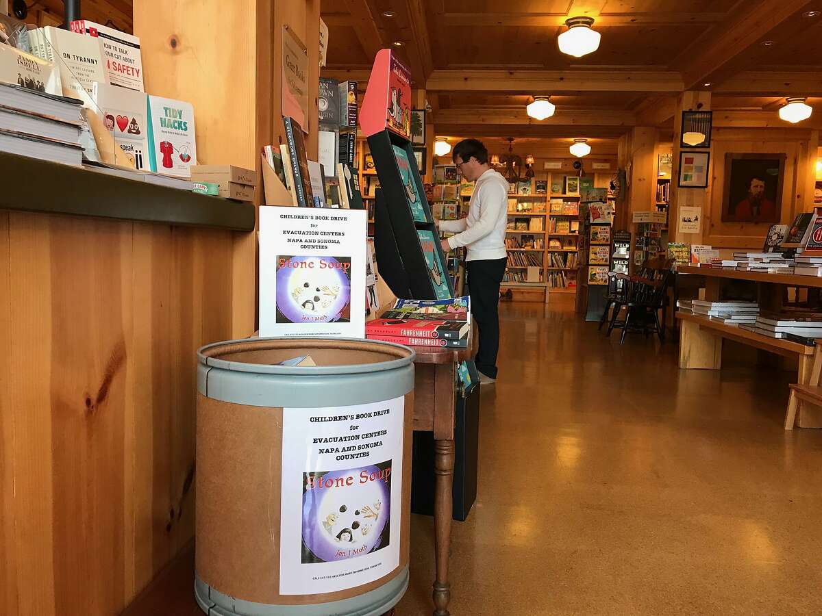 Children's books are being collected at the front desk at Diesel, in Larkspur.
