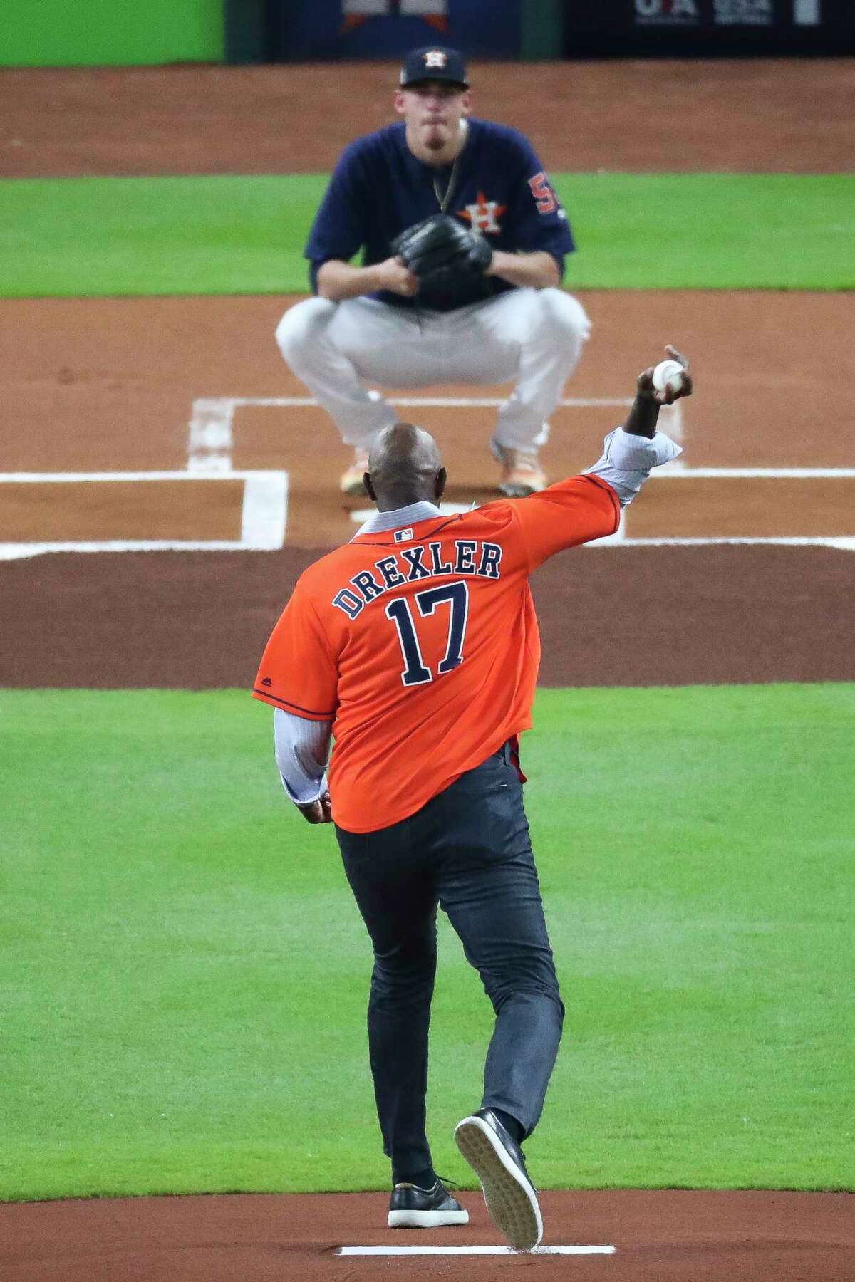 Clyde Drexler's Astros First Pitch Misses Wide