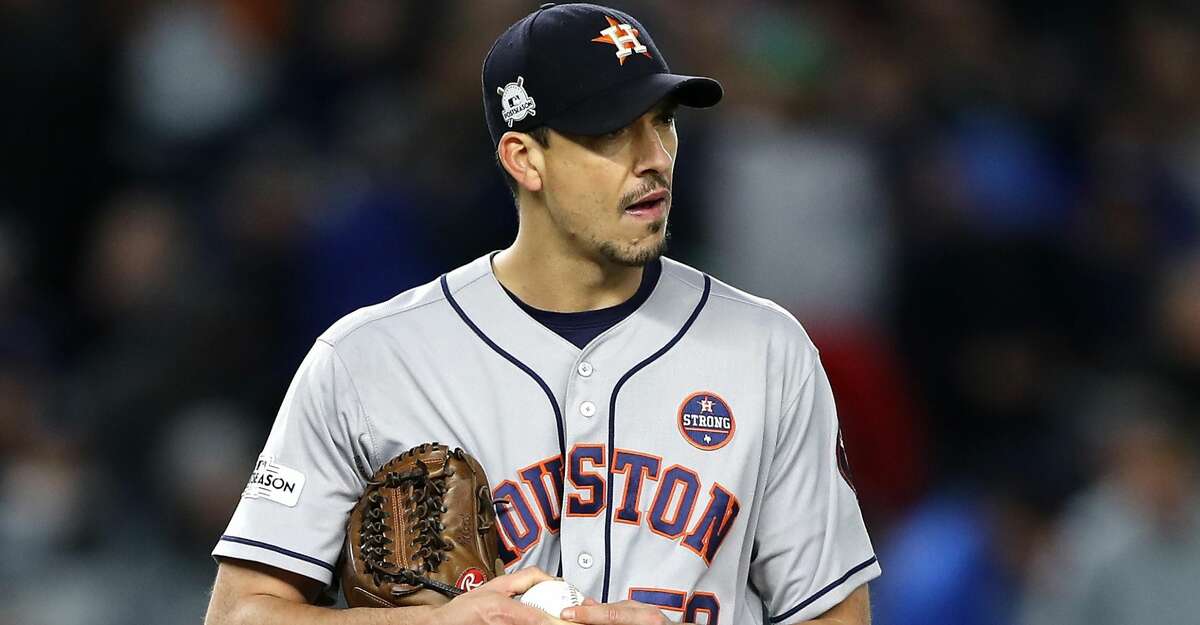 NEW YORK, NY - OCTOBER 16: Charlie Morton #50 of the Houston Astros looks on during the fourth inning against the New York Yankees in Game Three of the American League Championship Series at Yankee Stadium on October 16, 2017 in the Bronx borough of New York City. (Photo by Elsa/Getty Images)