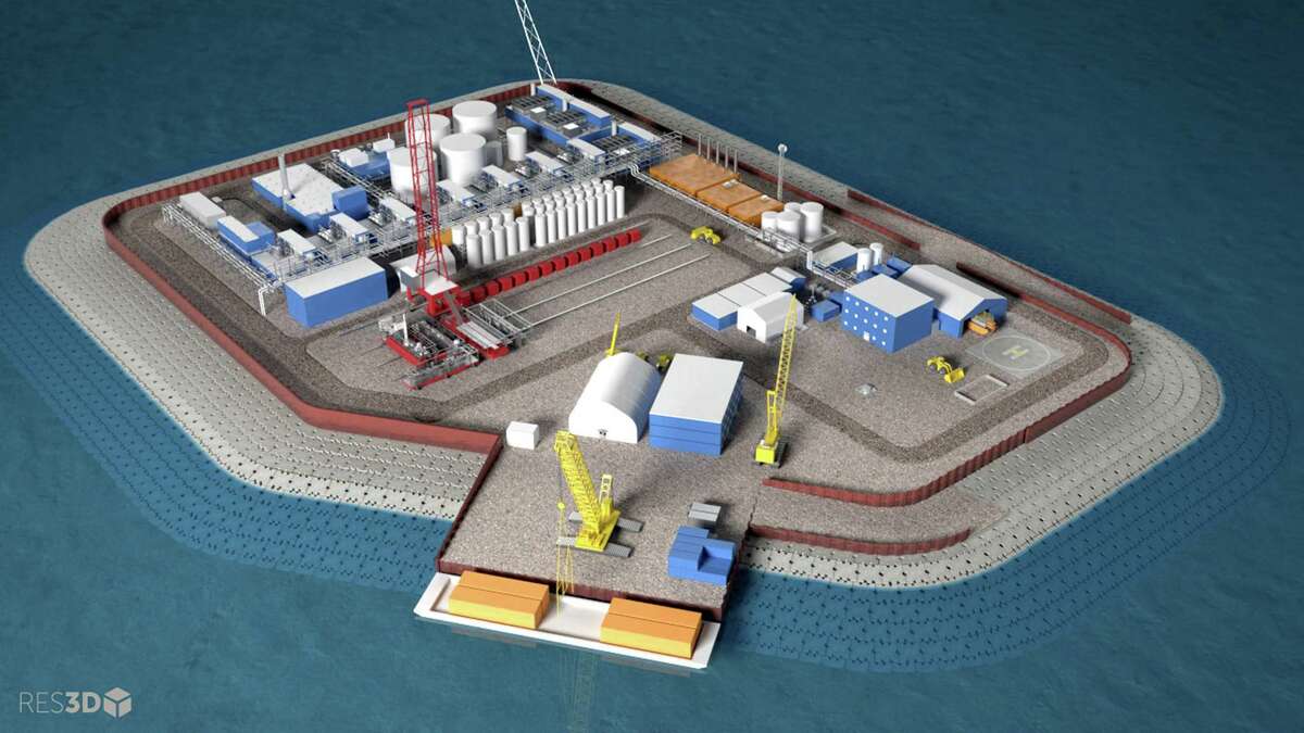 This illustration provided by Hilcorp Alaska shows a model of an artificial gravel island of the Liberty Project, a proposal to drill in Arctic waters from this island. ﻿