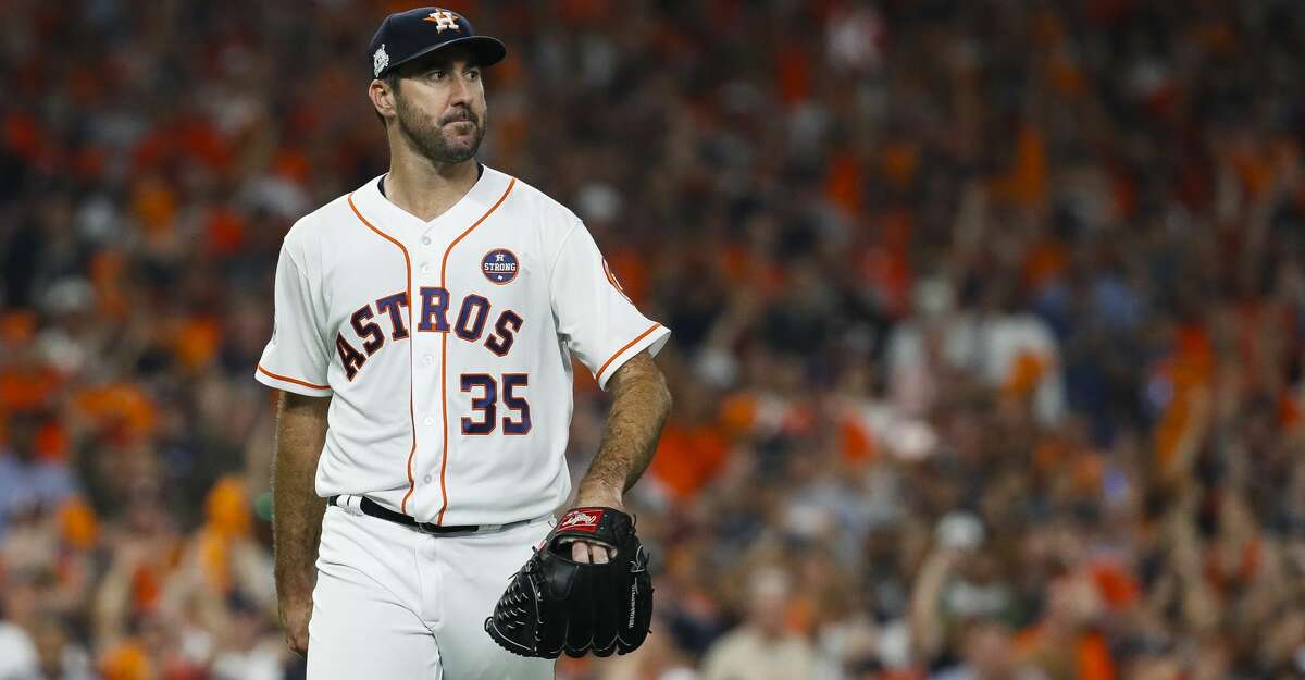 Houston Astros starting pitcher Justin Verlander (35) reacts after striking out New York Yankees first baseman Greg Bird (33) to end the top of the fourth inning of Game 6 of the ALDS at Minute Maid Park, Friday, Oct. 20, 2017, in Houston. ( Karen Warren / Houston Chronicle )