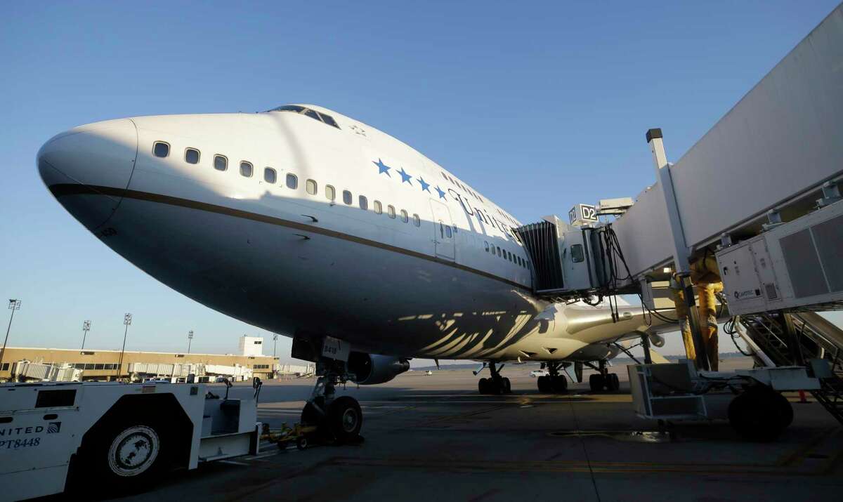 A United Airlines 747 is shown at Bush Intercontinental Airport before a farewell flight Wednesday, Oct. 18, 2017, in Houston. United Airlines is retiring its Boeing 747 aircraft. ( Melissa Phillip / Houston Chronicle )
