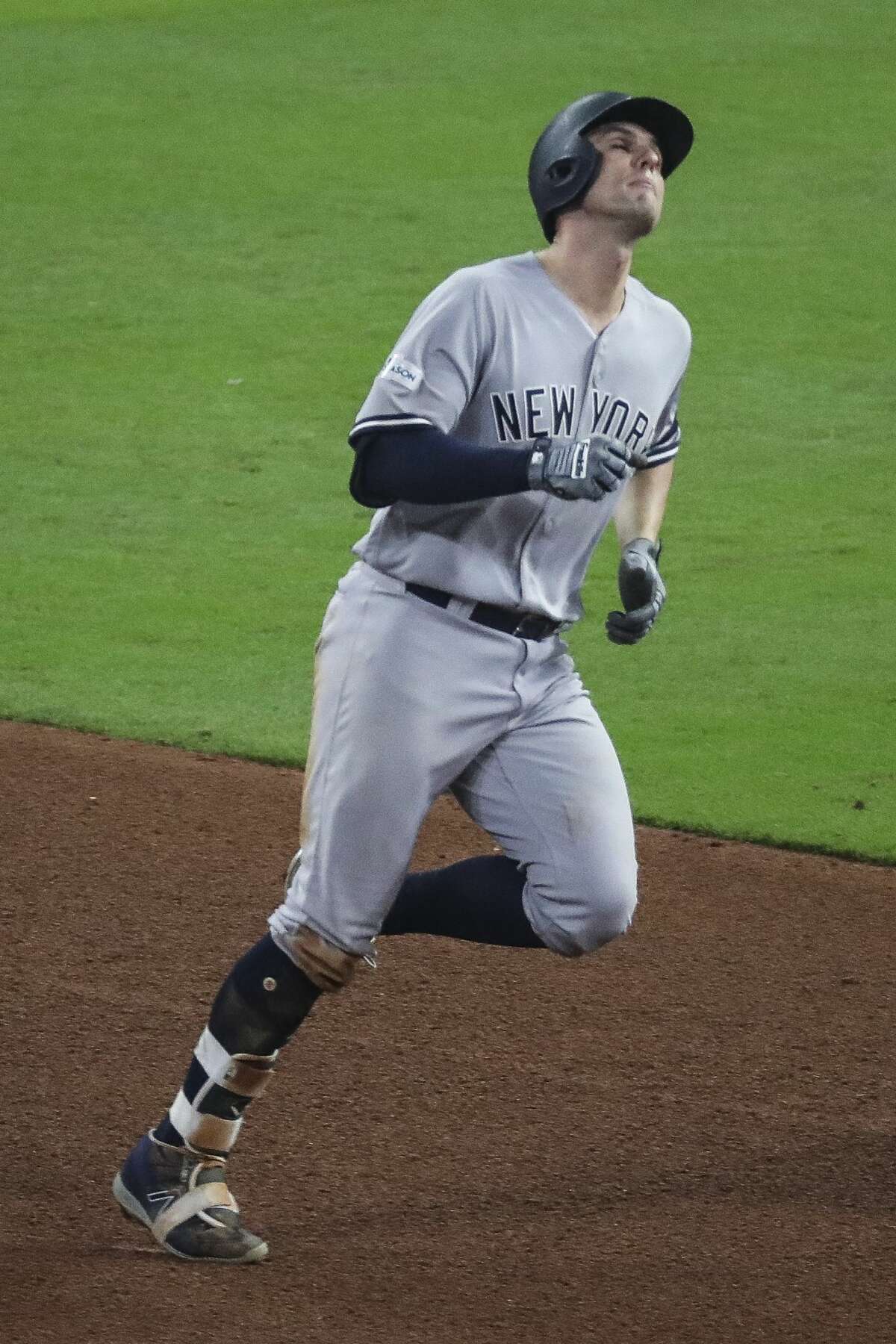 New York Yankees first baseman Greg Bird (33) reacts as Houston Astros center fielder George Springer (4) catches his hit during the seventh inning as the Houston Astros take on the New York Yankees in Game 7 of the ALCS at Minute Maid Park Saturday, Oct. 21, 2017 in Houston. ( Michael Ciaglo / Houston Chronicle)