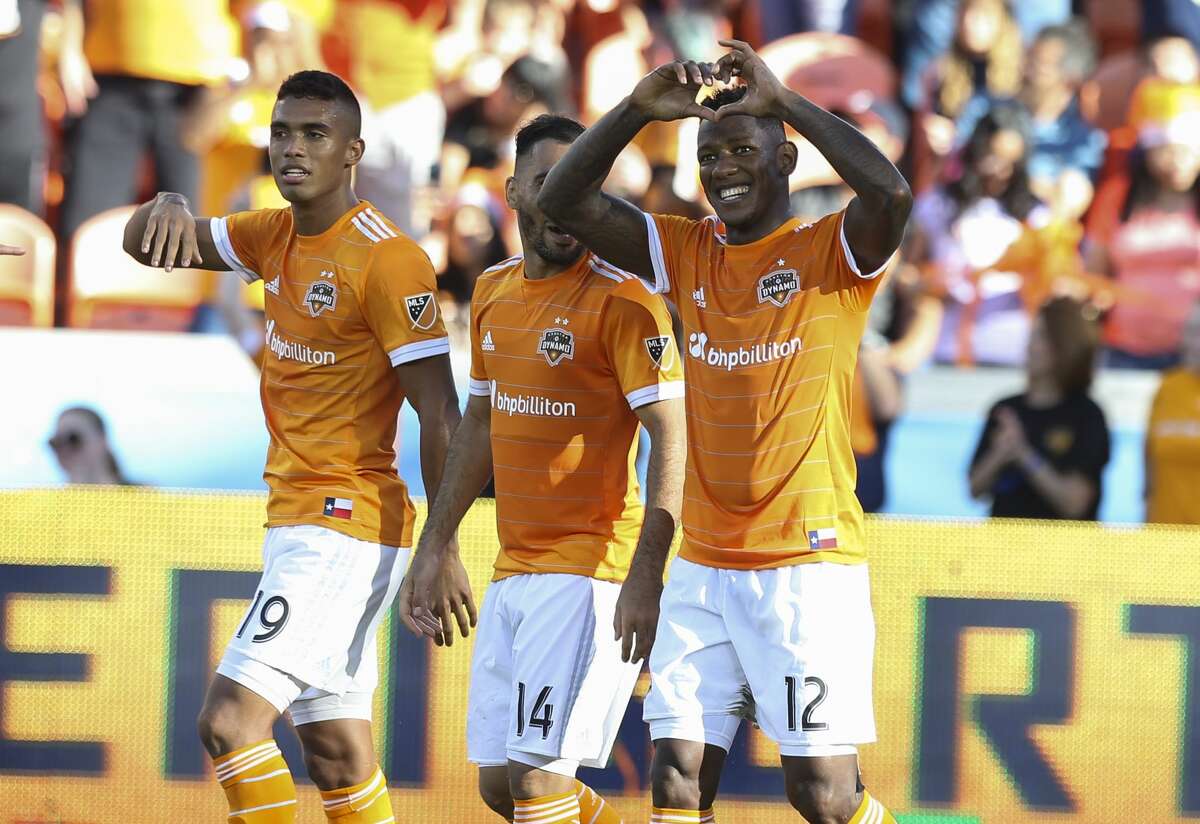 Houston Dynamo forward Romell Quioto (12) makes a heart gesture to celebrate his goal during the second half of the last MLS regular game at BBVA Compass Stadiujm on Sunday, Oct. 22, 2017, in Houston. The Houston Dynamo defeated the Chicago Fire 3-0. ( Yi-Chin Lee / Houston Chronicle )