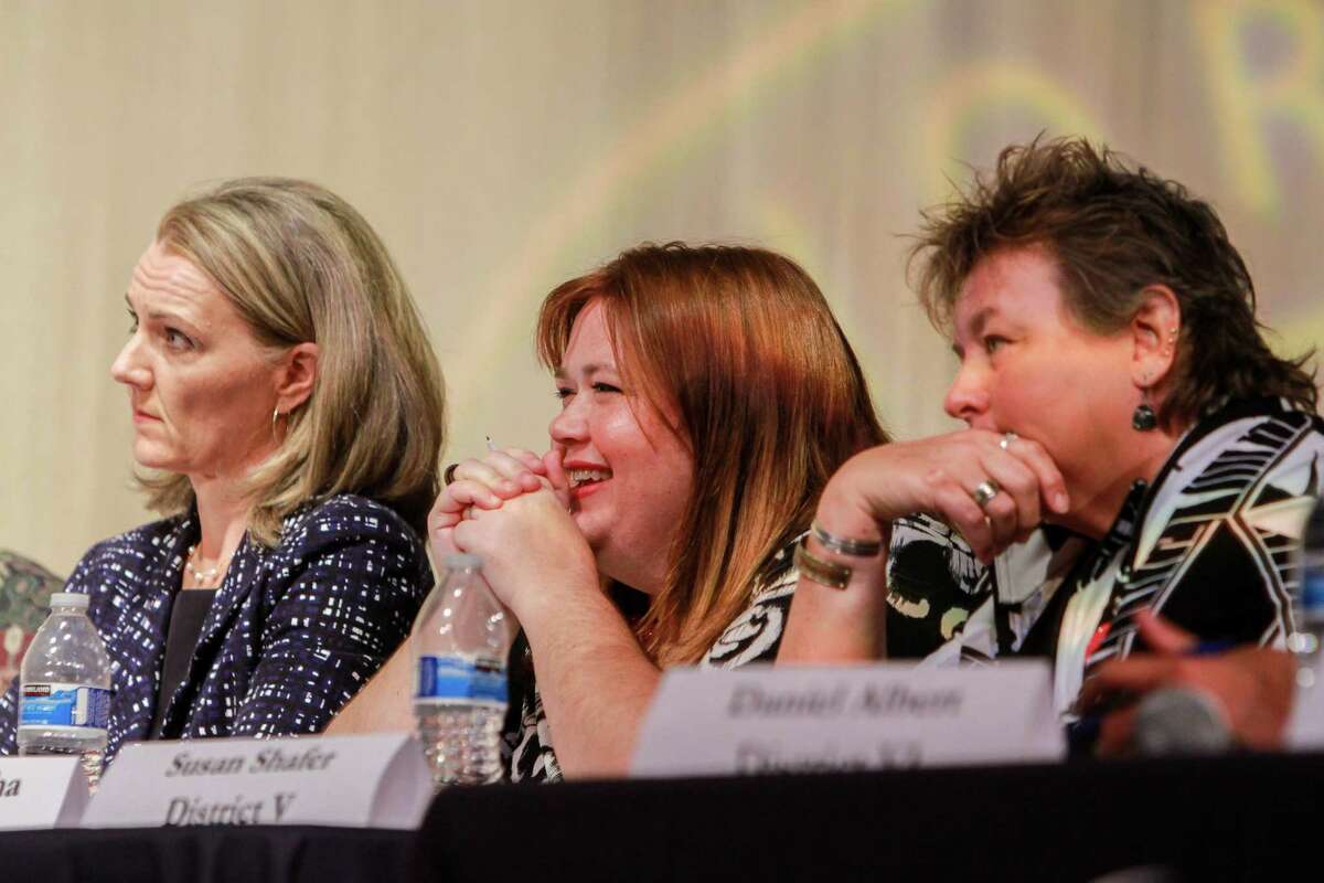 Sue Deigaard, from left, Kara DeRocha and Susan Shafer, candidates for the HISD's Board of Education, during the debate at Lamar High School. (For the Chronicle/Gary Fountain, October 16, 2017)