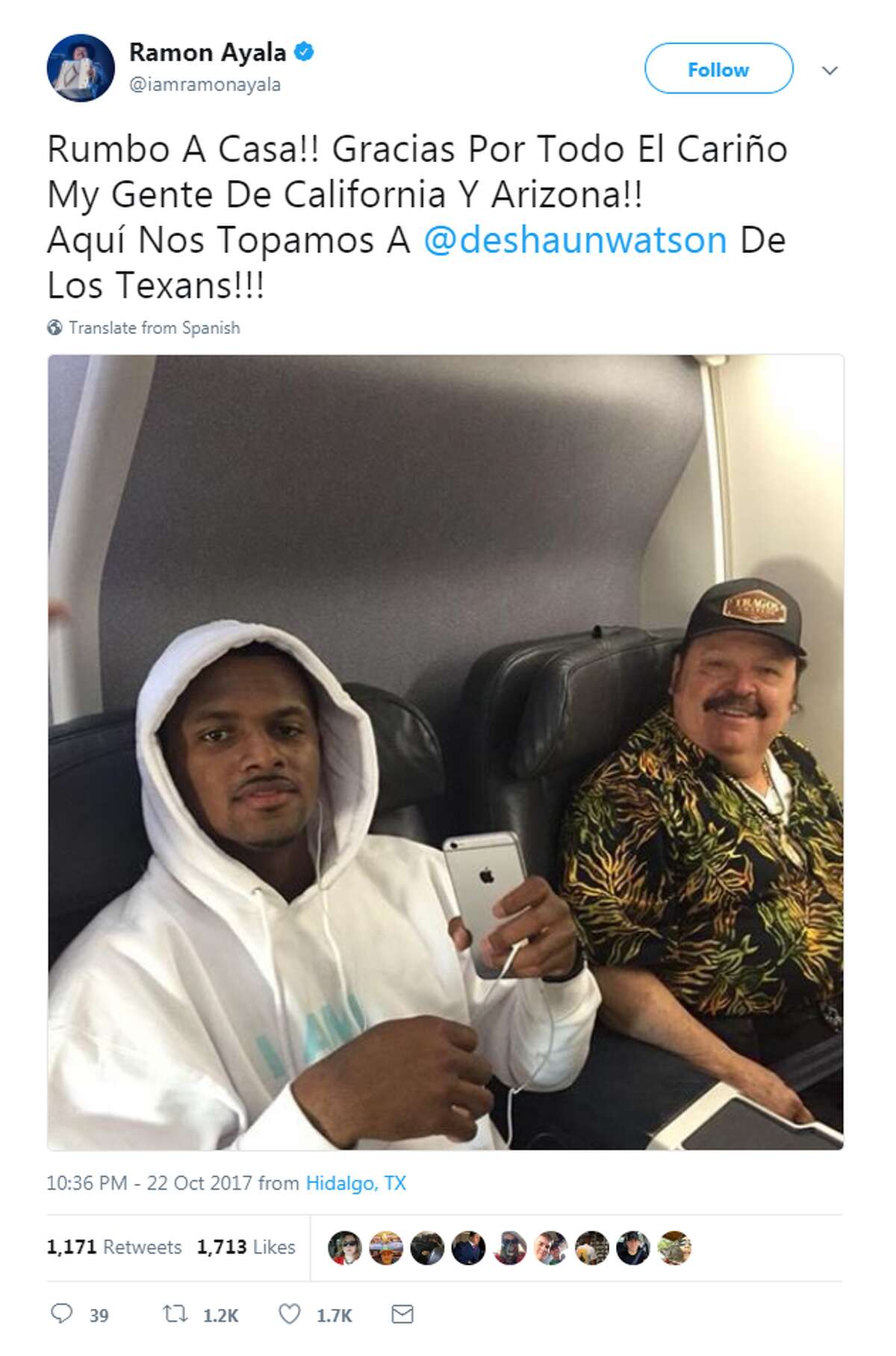 Ramon Ayala tweeted a photo of himself seated beside Deshaun Watson on a plane Sunday night, saying he was headed home from California and Arizona.