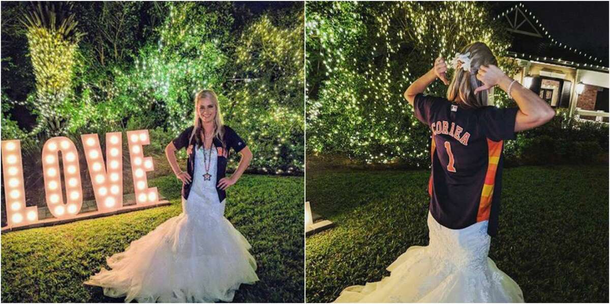 Astros super fan Devan Ohl could not pass up the opportunity to show off her team pride, even at her wedding Saturday in New Orleans. 