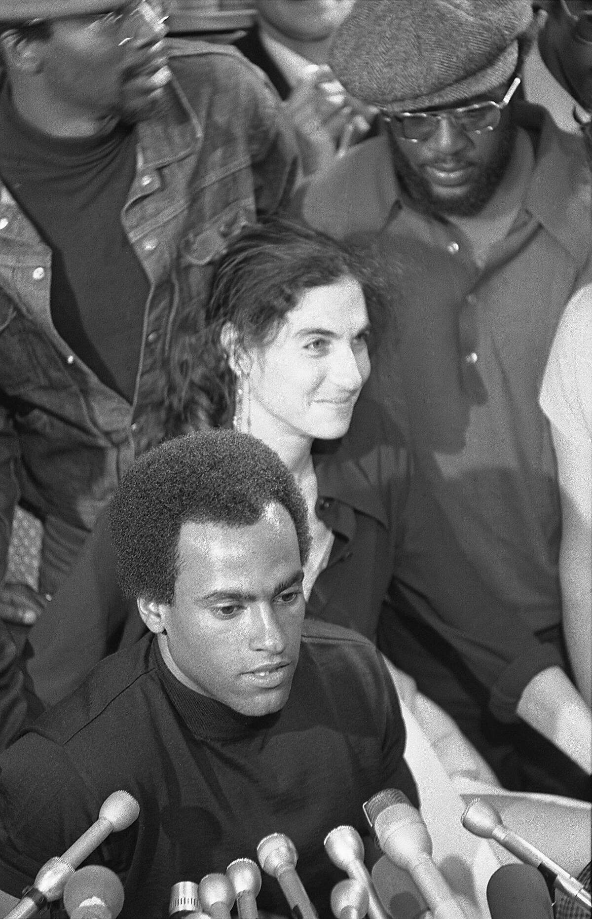 Black Panther Huey Newton with his lawyer, Fay Stender, in San Francisco at Charles Garry's office, August 5, 1970 the day he was released from prison