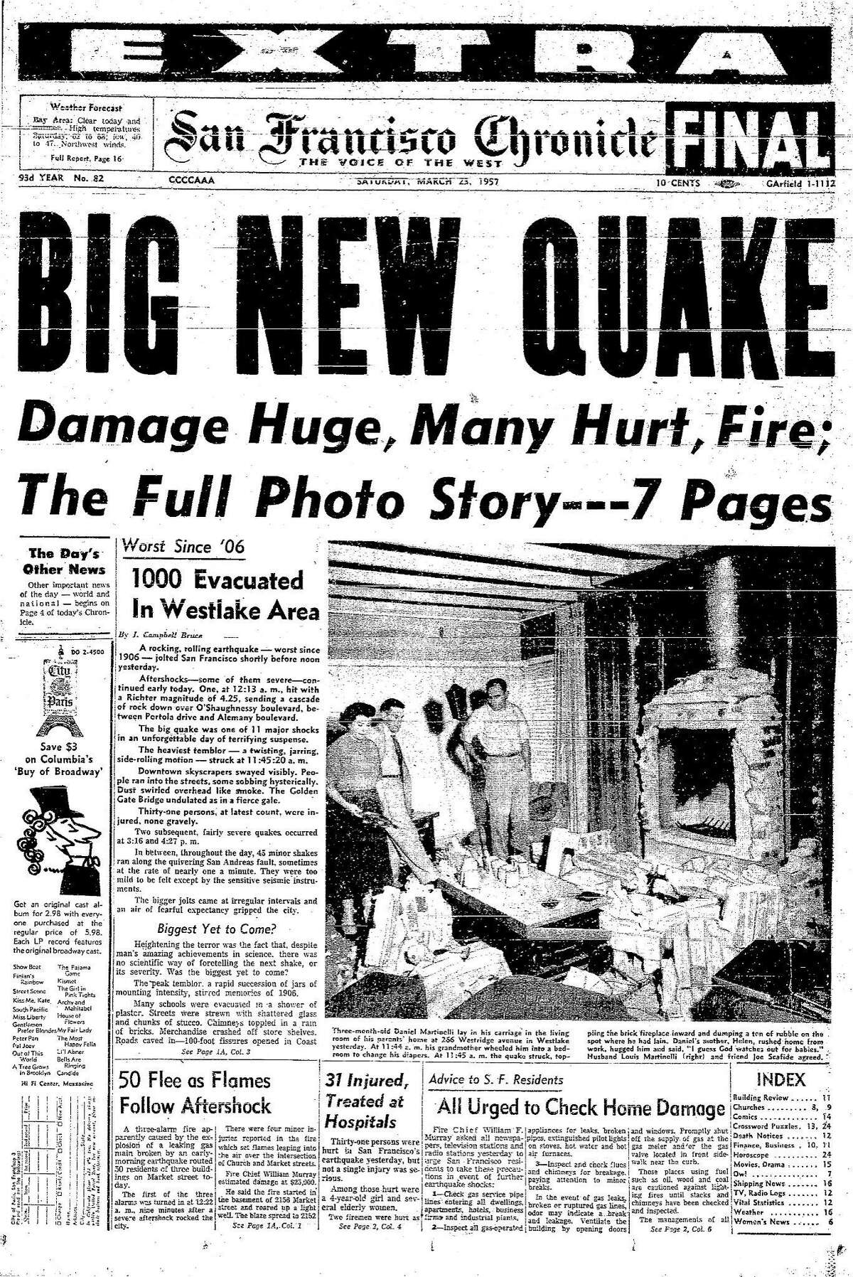 1957年3月23日，《纪事报》头版，也就是5.3级地震造成大范围破坏的第二天