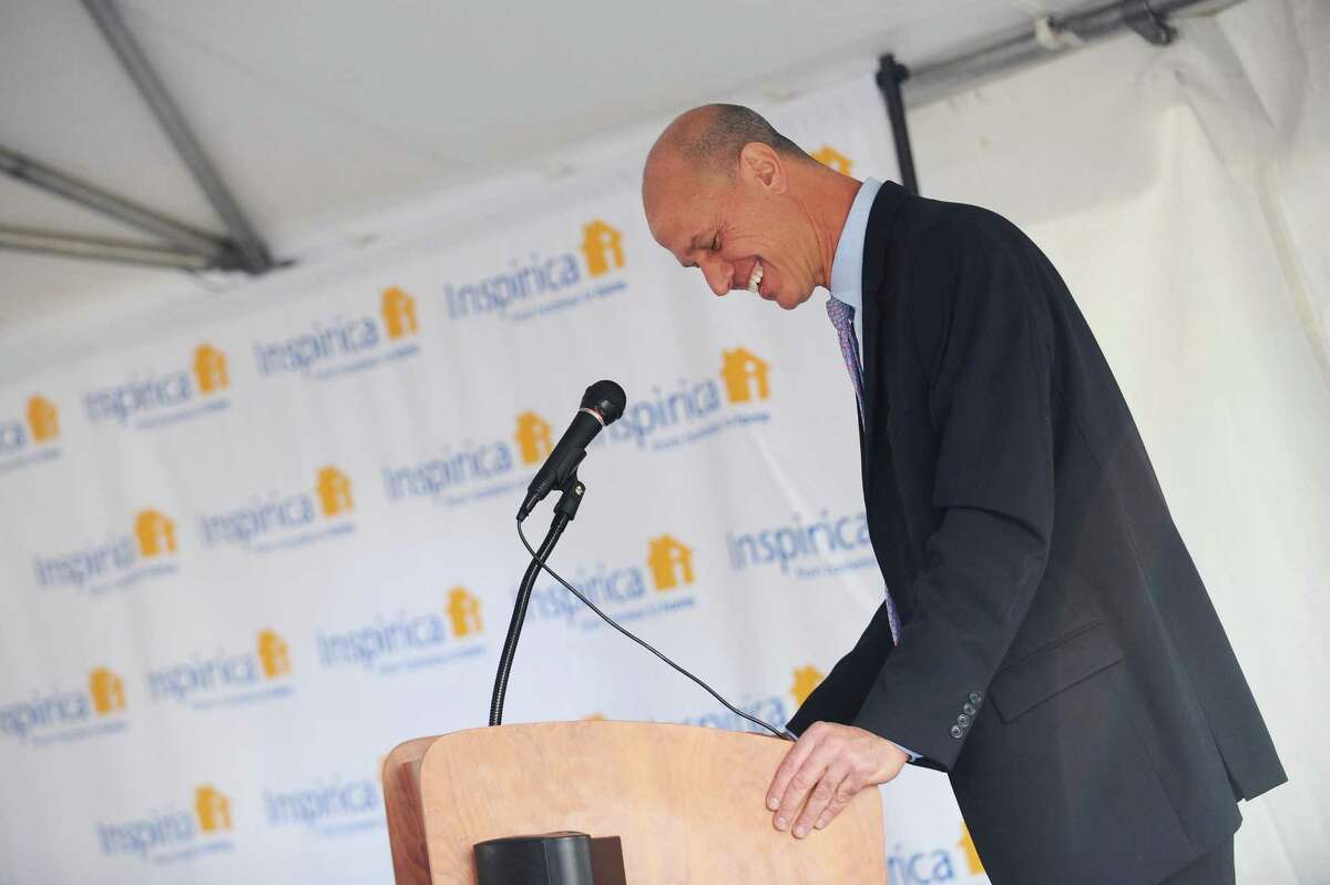 Inspirica CEO Jason Shaplen speaks during the groundbreaking of 72 Franklin St., which will be developed into deeply affordable housing units,in downtown Stamford on Monday.