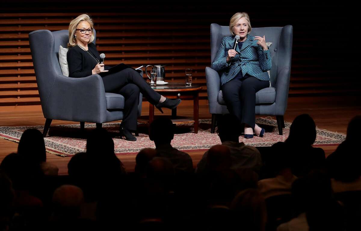 Former U.S. Secretary of State and 2016 Democratic presidential candidate Hillary Clinton, (right) in conversation with Eileen Donahoe, executive director of the Global Digital Policy Incubator, as they discuss Digital Technology, Diplomacy, and Democratic Values, at Stanford University on Fri. October 6, 2017.