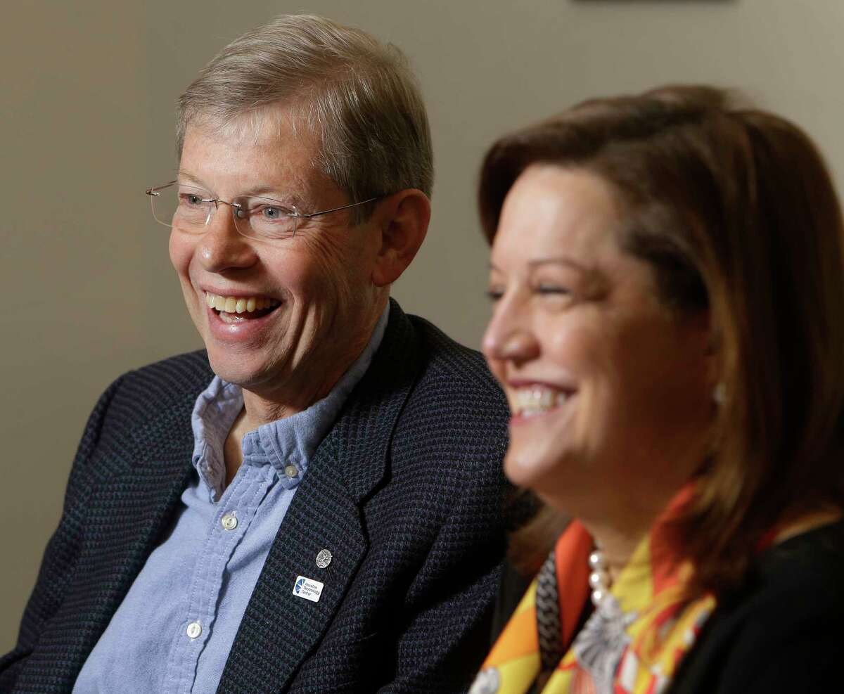 Walter Ulrich, former CEO, and new CEO Lori Vetters share a laugh as they talk at Houston Technology Center, 410 Pierce Street, Friday, Jan. 6, 2017, in Houston. ( Melissa Phillip / Houston Chronicle )